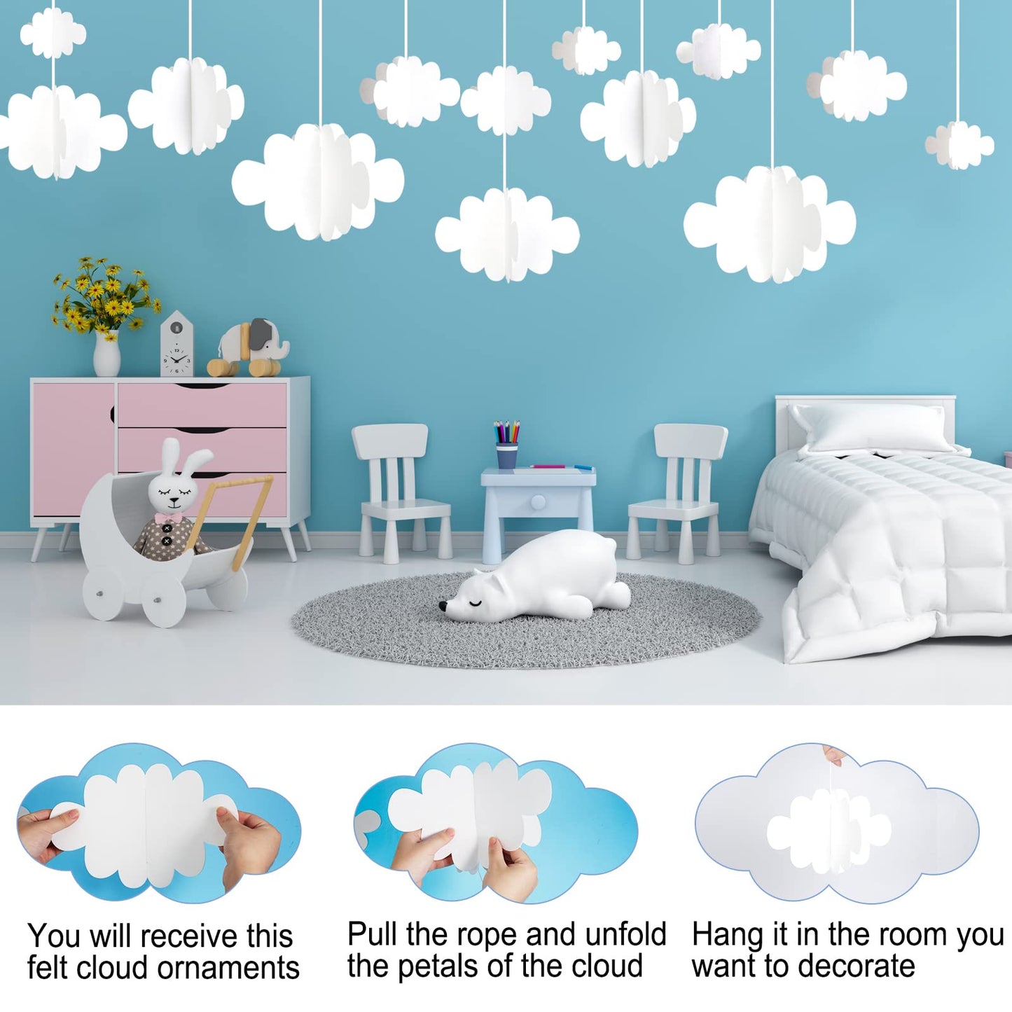 Ayfjovs 10 PCS 3D Cloud Decorations - White Hanging Clouds for Ceiling, Party Decorations, Ornaments, Wedding, Nursery, Children Room, Baby Baptism Party