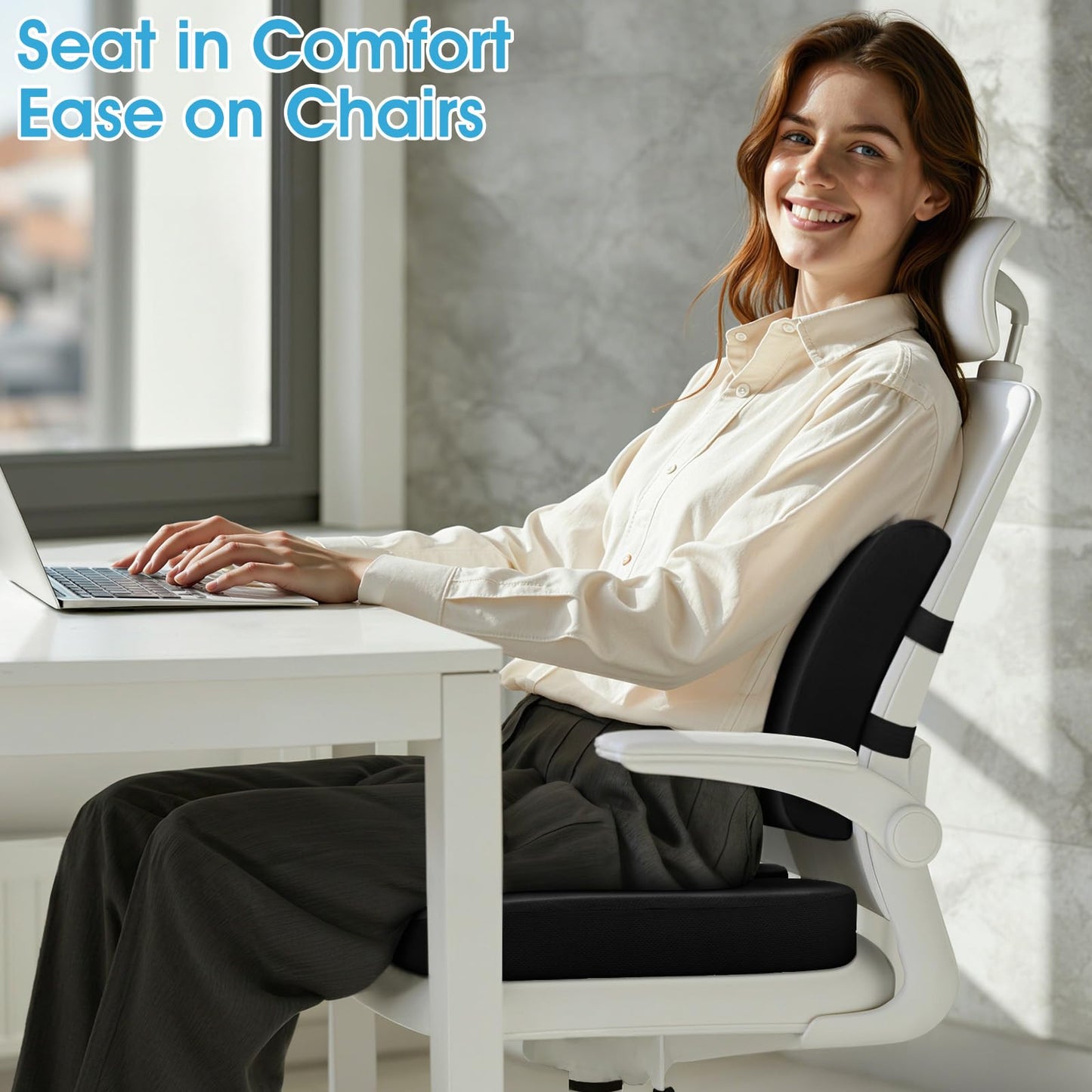 CushZone Ergonomic Seat Cushion & Lumbar Support Pillow - Memory Foam for Sciatica Pain Relief & Posture Correction, Non-Slip Chair Cushions for Office Chair/Car/Wheelchair/Travel (Black)