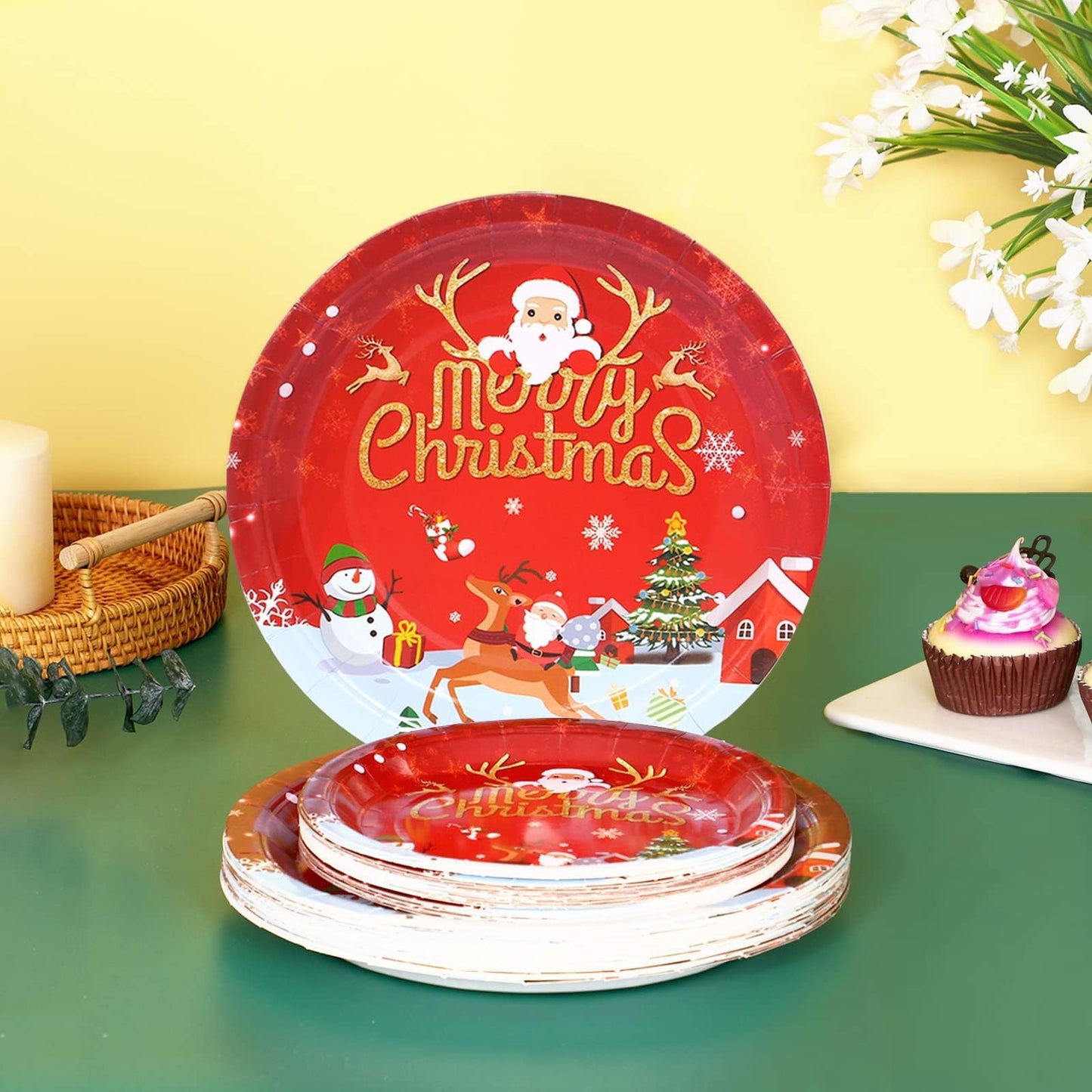 LOOWVY Christmas Paper Plates and Napkins Set, Christmas Plates Cups Napkins Forks Tablewares Party Supplies Serve 24