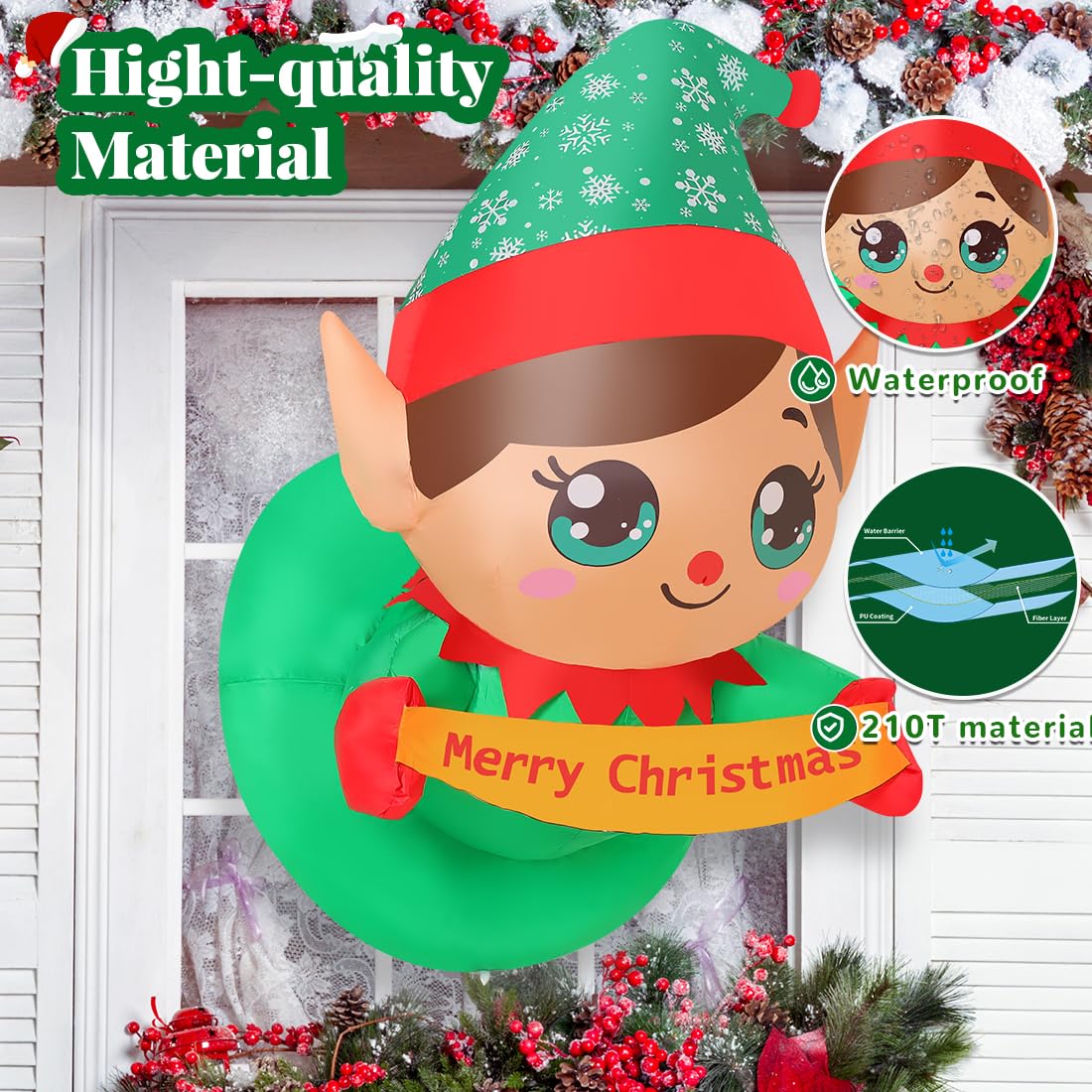 GOOSH 3.4 FT Christmas Inflatable Elf Outdoor Decorations Out from Window Blow Up Yard with Elf Merry Christmas Decoration Built-in LEDs for Holiday Xmas Garden Lawn Indoor Party Decor