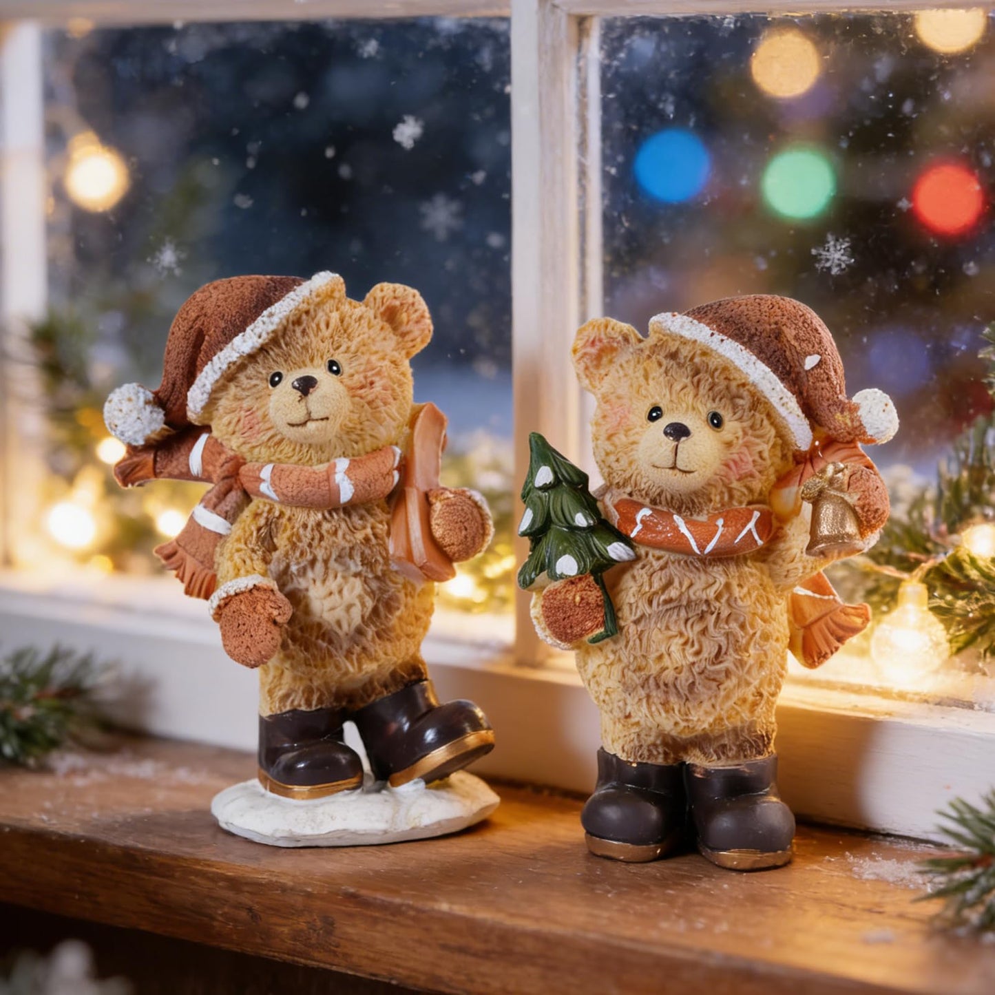 Brizoria Set of 2 Small Teddy Bear Figurines Resin Christmas Bear Decor Winter Tabletop Statue Cute Animal Teddy Bear Decorations for Home Mantel Shelf Living Room Little Bears Ornament