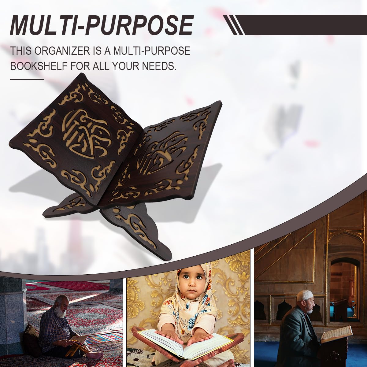 LNQ LUNIQI Foldable Wooden Book Stand Quran Bible Book Holder Muslim Reading Bookshelf Magazine Cookbook Display Holder for Display Reading Prayer Chapel（Black）
