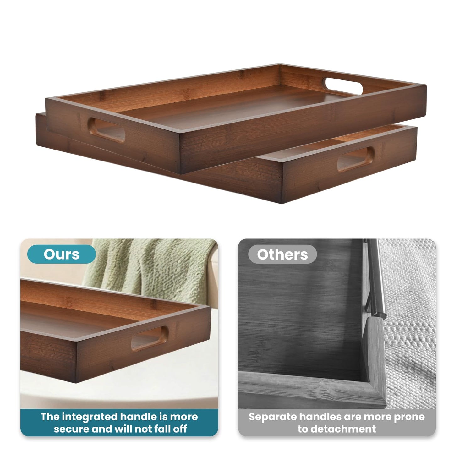 Bamboo Wood Serving Tray with Handles(14.96x10.24x1.57 inches) – Elegant Decorative Platter for Breakfast in Bed, Lunch, Dinner, Appetizers, BBQ, Parties & More – Perfect for Couch and Drawing Room.