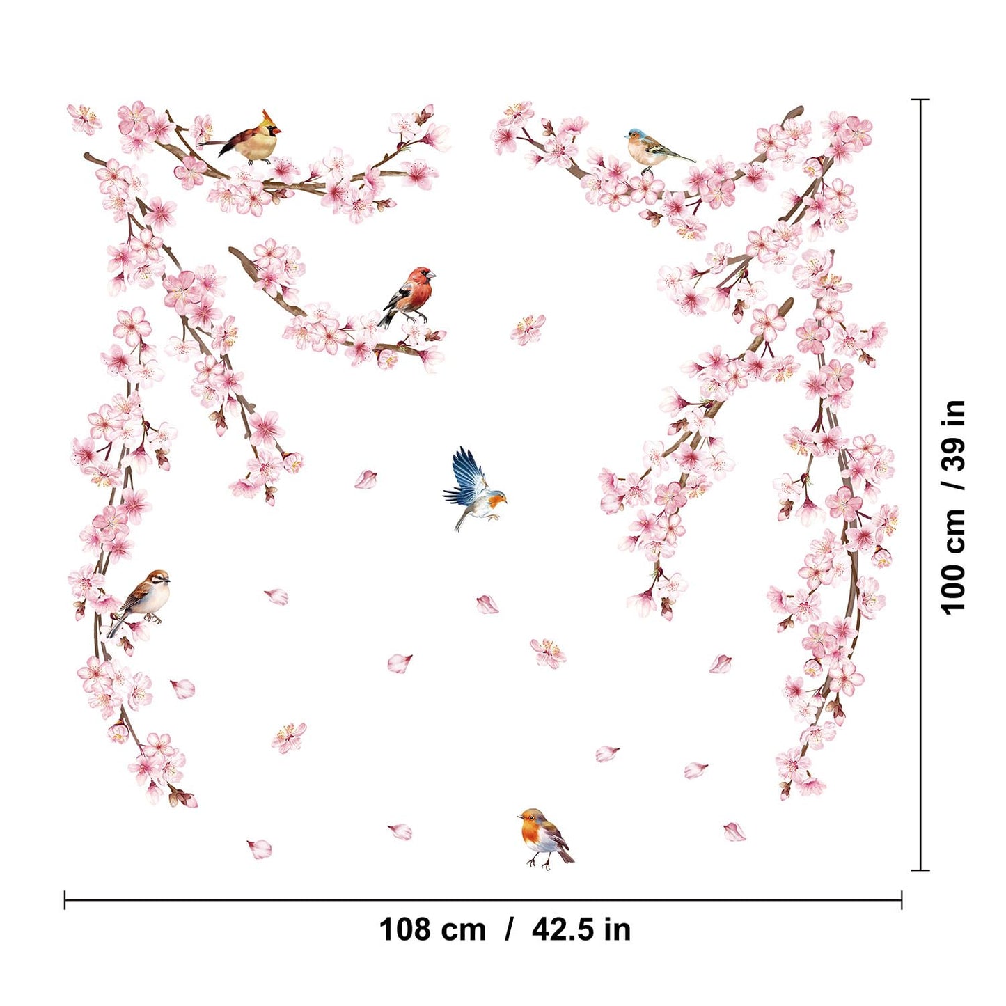 Cherry Blossom Wall Decals, Pink Vine Flowers, Hanging Floral Tree Branch and Birds Peel & Stick Wall Stickers for Bedroom, Living Room, Nursery, Sofa, Office Decor