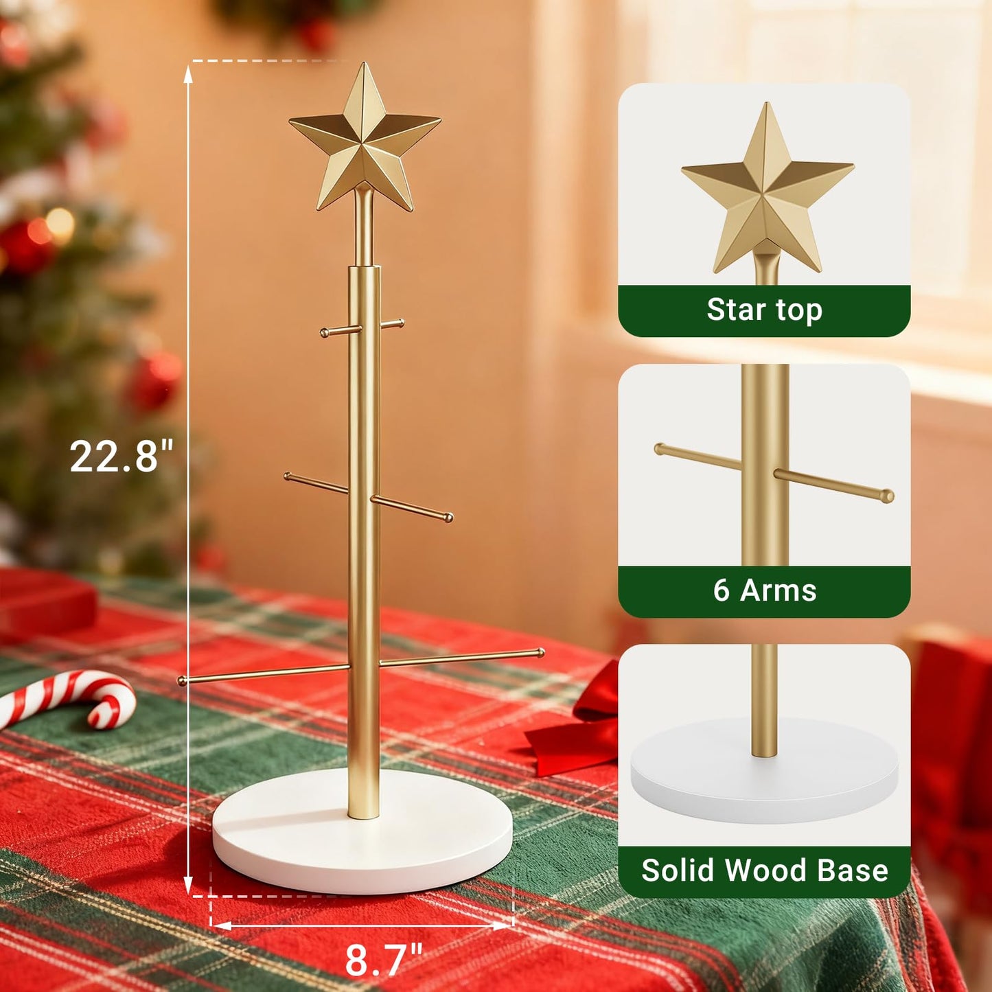 ELYKEN 22.8 Inch Christmas Ornament Display Stand Tree for Desktop with Wooden Stable Base, 6 Metal Holder for Baubles and Holiday Decorations, Gold