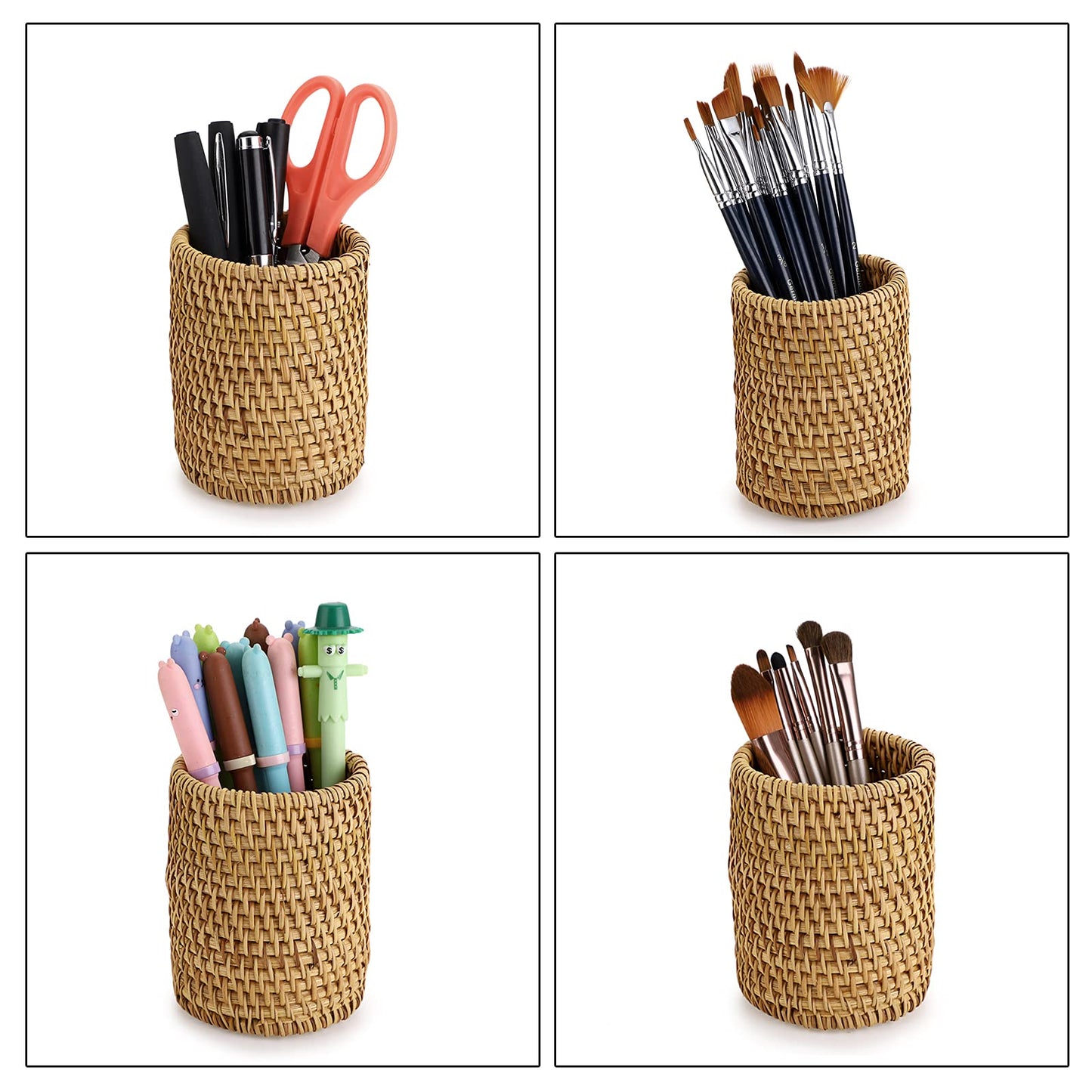 BTSKY Rattan Pen Cup, Handmade Desk Pencil Holders Makeup Brush Holder Multi-Functional Woven Basket Office&Home Desktop Organizer(Cylinder)