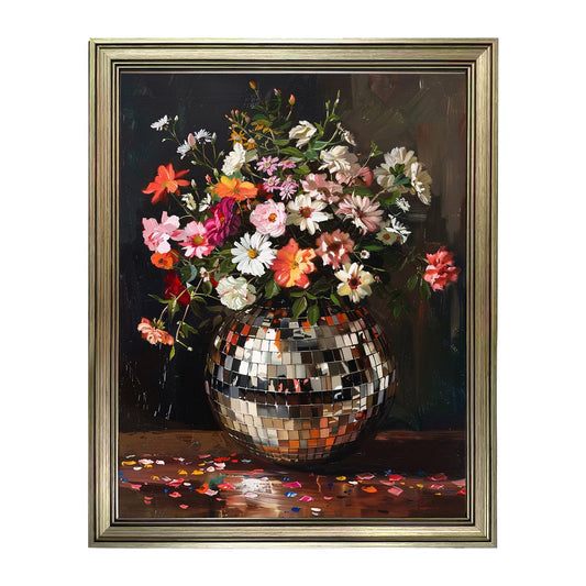 Disco Ball Wall Decor, Vintage Framed Colorful Moody Florals Wall Art, Maximalist Funky Flowers Bouquet Print Poster, Retro Eclectic Wall Art Painting