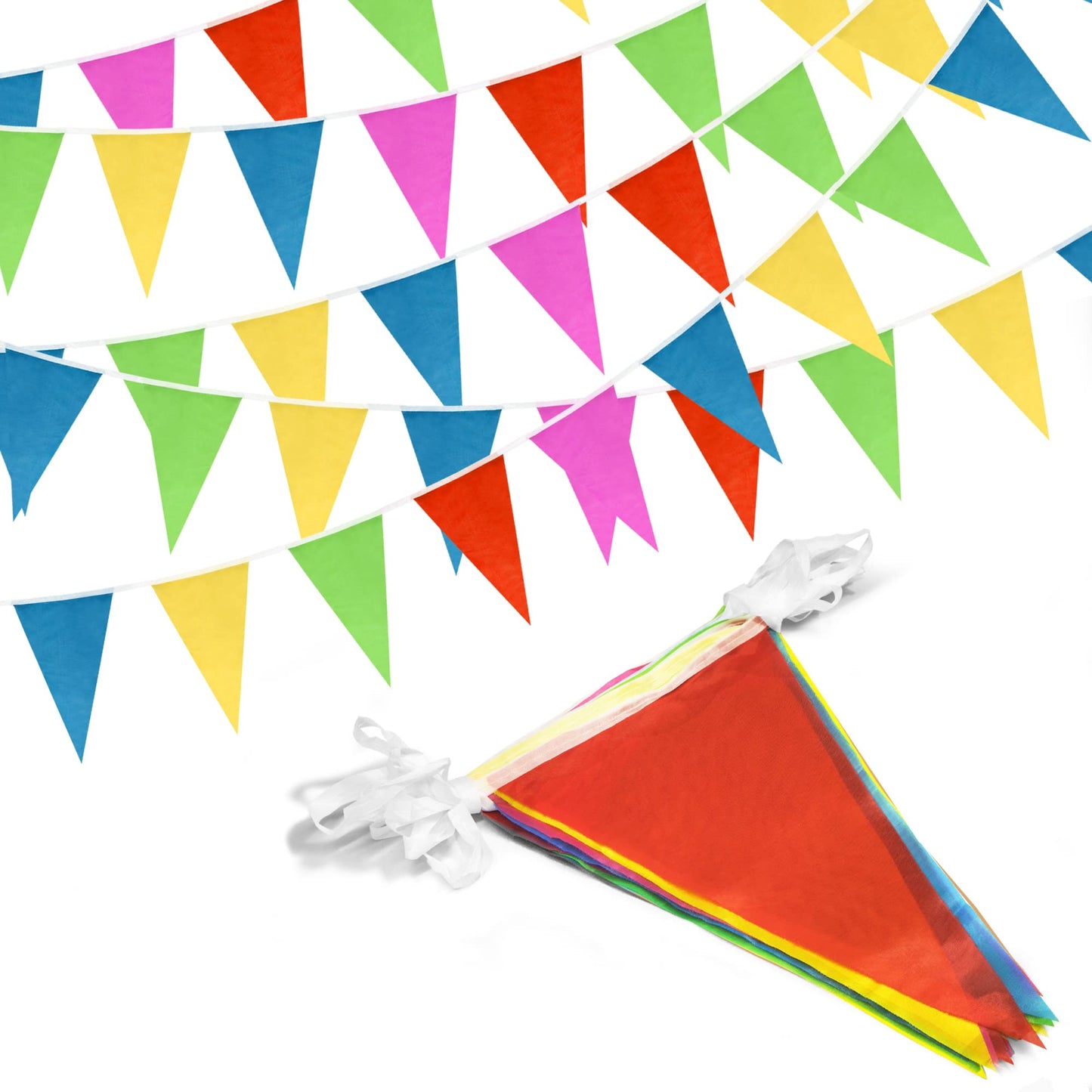 Novelty Place 100 Feet Pennant Banner - 75 Multicolor Bunting Flags (7x11 Inches) - Birthday Party Grand Opening Christmas Decorations