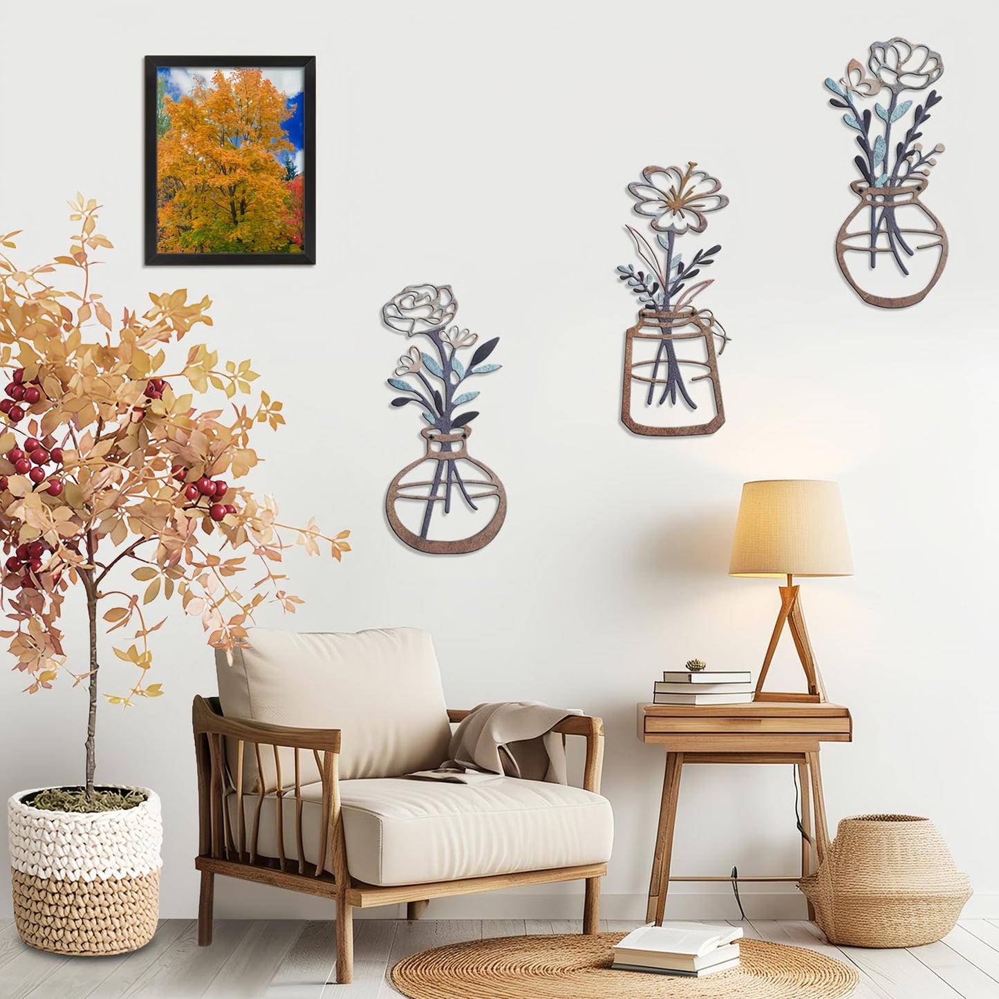 Lcaughsy Metal-Wall-Decor Living Room - 3 Pcs Metal Bathroom Wall Art Floral Vase and Picture Frame for Decoration- Hanging Display Wall Decor Art for Home Dining Room Bedroom Kitchen Farmhouse,Brown