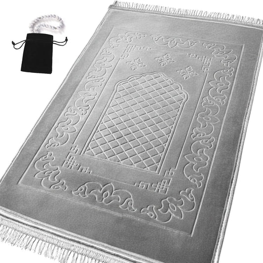 Islamika Prayer Mat Thick Islamic Muslim Rug - Padded mat Sajadah Men Women with Islam Prayer Beads for Eid Travel Ramadan, Soft and Padded (Gray)