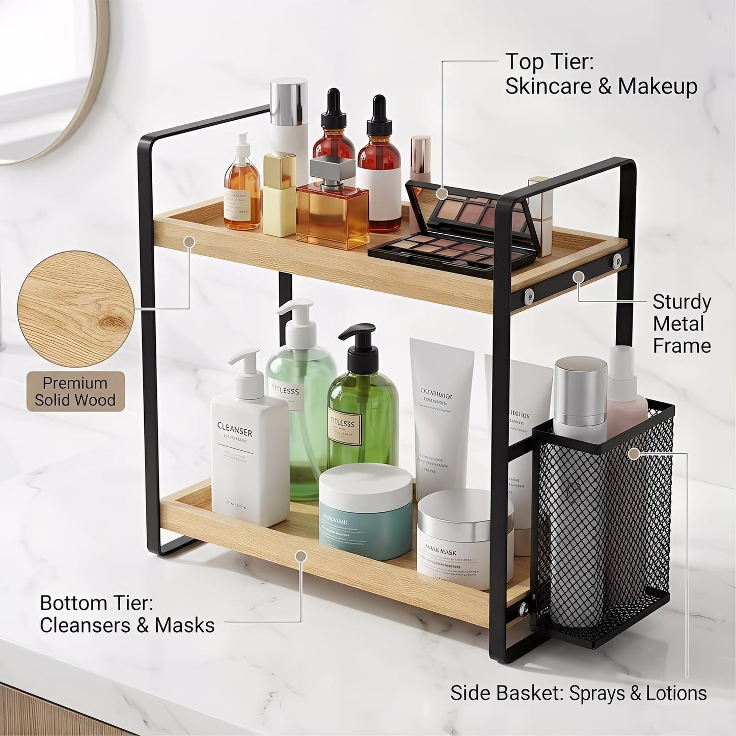 LEMIKKLE 2-Tier Wood Bathroom Counter Organizer with Basket,Waterproof Vanity Perfume Skincare Storage for Bathroom, Kitchen, Dresser