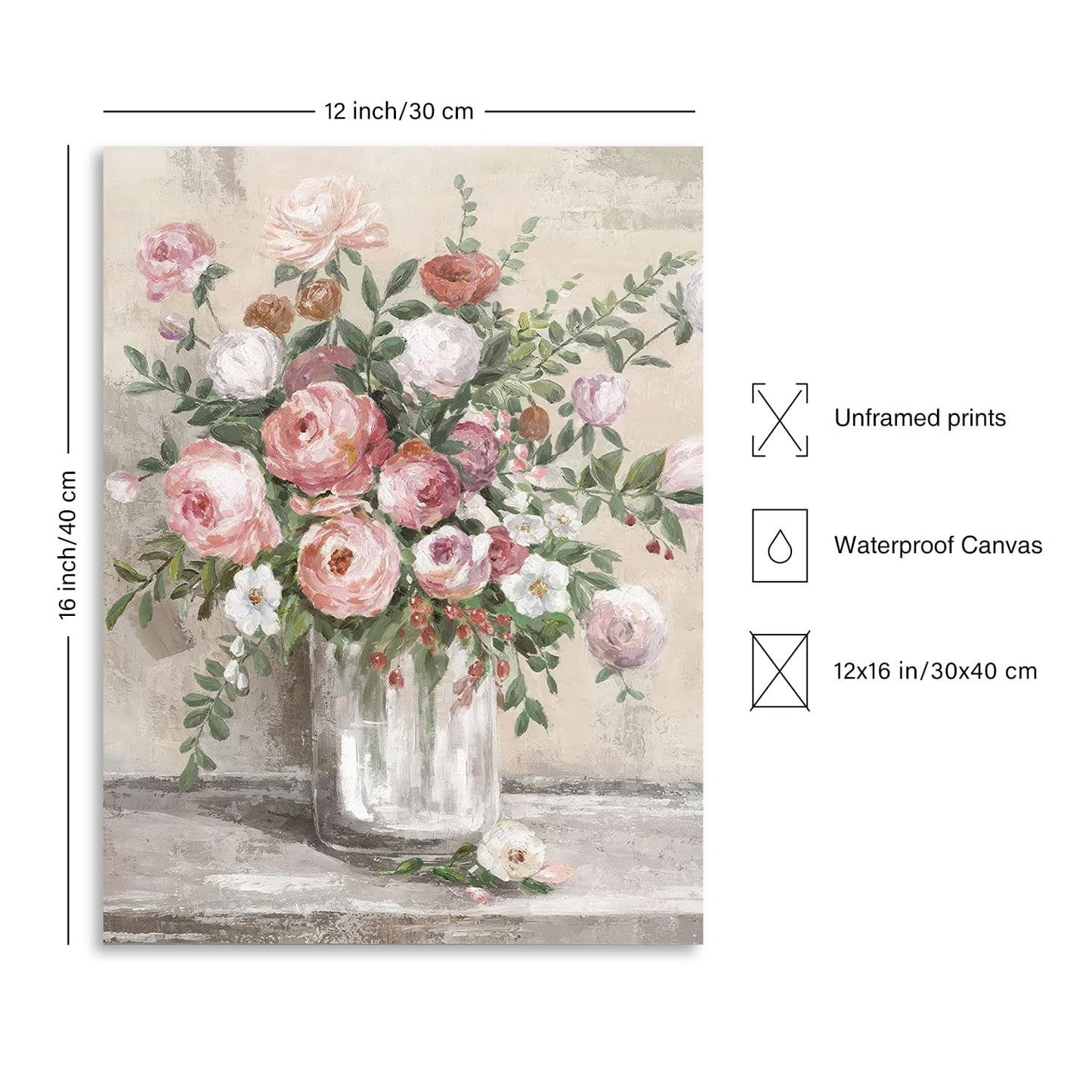 Dazzlewall Vintage Floral Canvas Wall Art Farmhouse Still Life Posters Rustic Pink and White Flower Vase Prints Botanical Oil Painting for Bathroom Bedroom Living Room 12x16in Unframed