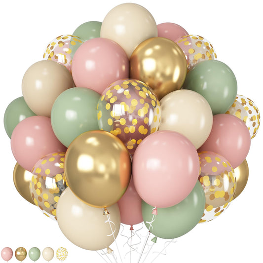 HILAVO Pink and Green Balloons Retro Sage Green Pink Metallic Gold Confetti Balloons Olive Green Gold Pink Beige Latex Balloon for Easter Jungle Safari Christmas Woodland Birthday Party Decorations
