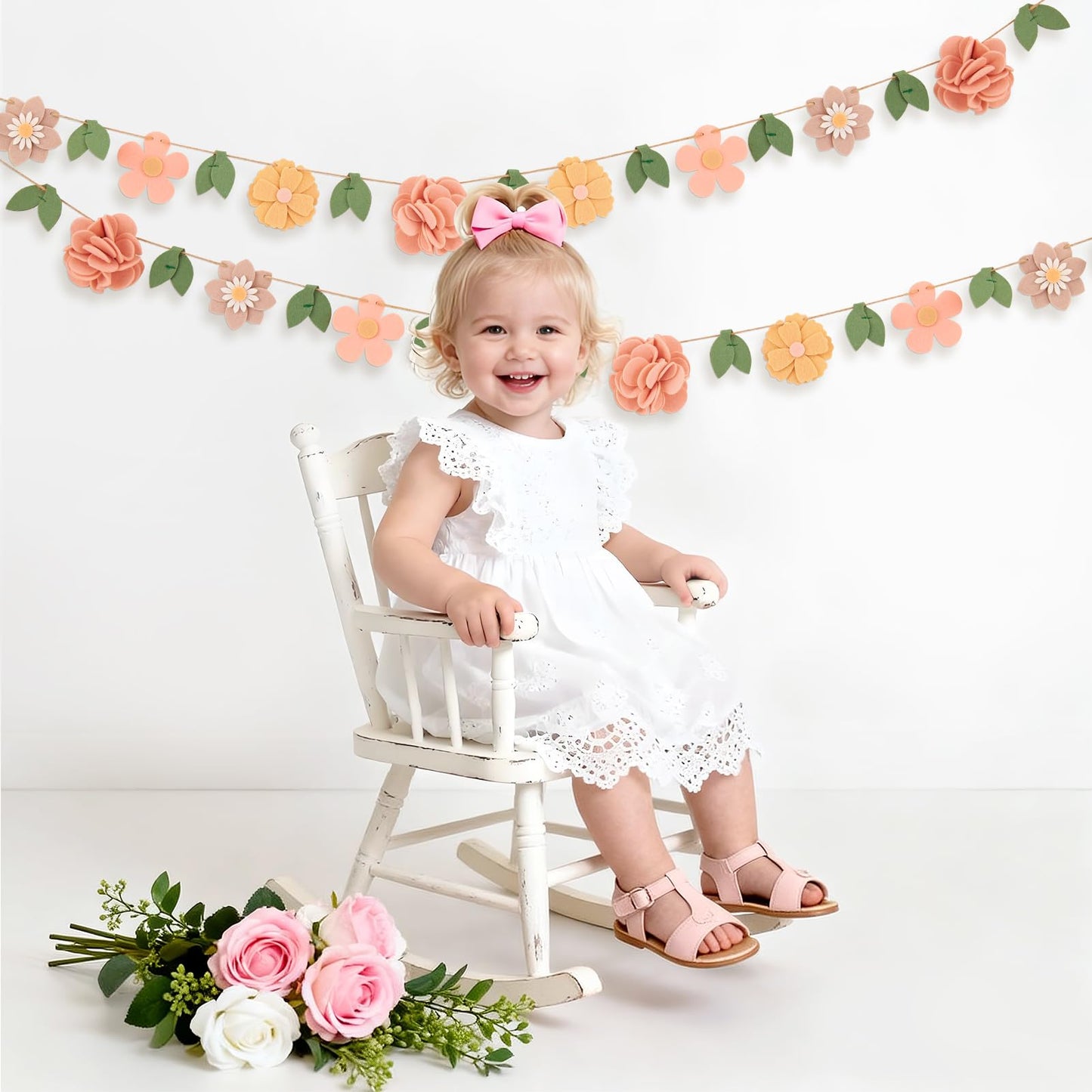Handmade Felt Flower Garland, Flower Party Decorations, Pre-Strung Spring Garden Decorations for Girls Women Mom, Floral Birthday Party Decor