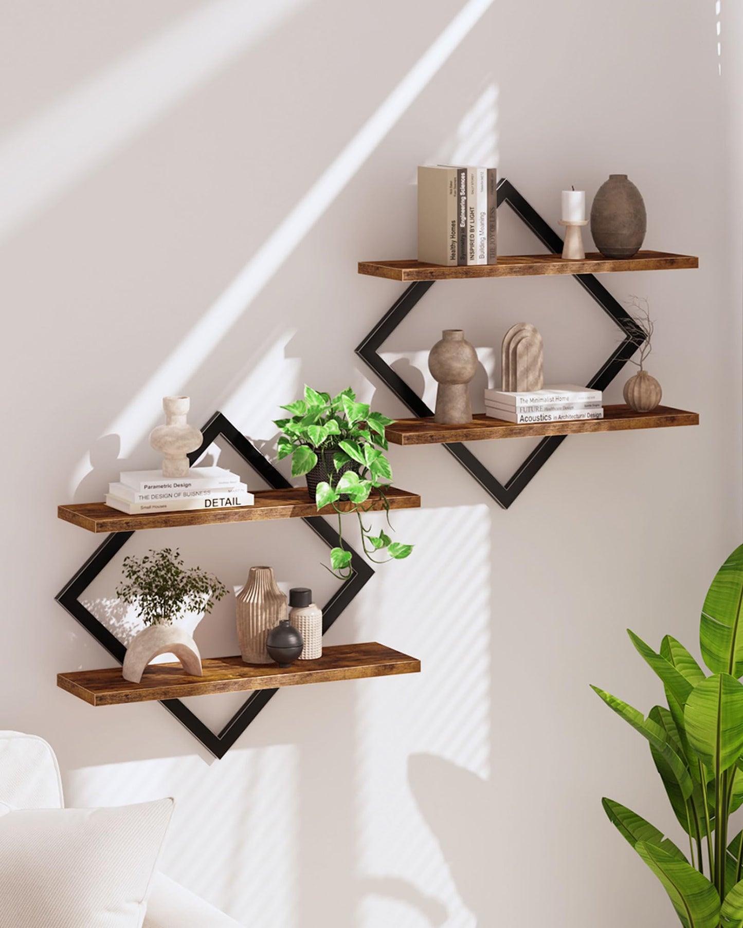 CHOEZON Floating Shelves, Set of 2 Wall Shelves, 2-Tier Hanging Shelves, Wall Shelf Set of 2, Wall Mounted Shelves, for Living Room, Bedroom, Kitchen, Office, Study, Rustic Brown TBJ01P2BF