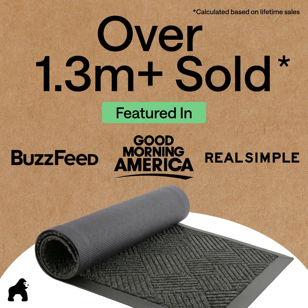 GORILLA GRIP 100% Waterproof All-Season WeatherMAX Doormat US Designed Natural Rubber, Stain Fade Resistant, Low Profile Indoor Outdoor Door Mats, Easy Clean, 29x17 Gray Diamond