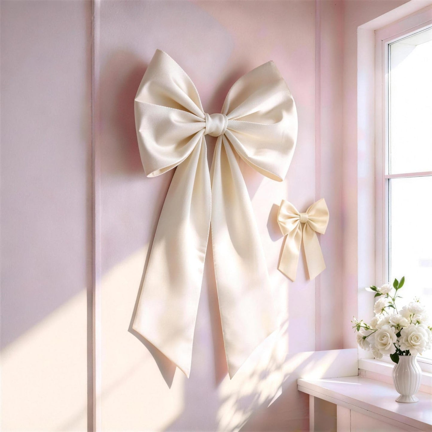 Ivory Bow Decor 2 Pack,Large & Small Coquette Room Backdrop Wall Decor for Valentine's Day Bachelorette Bridal Shower Wedding Birthday Christmas Decorations