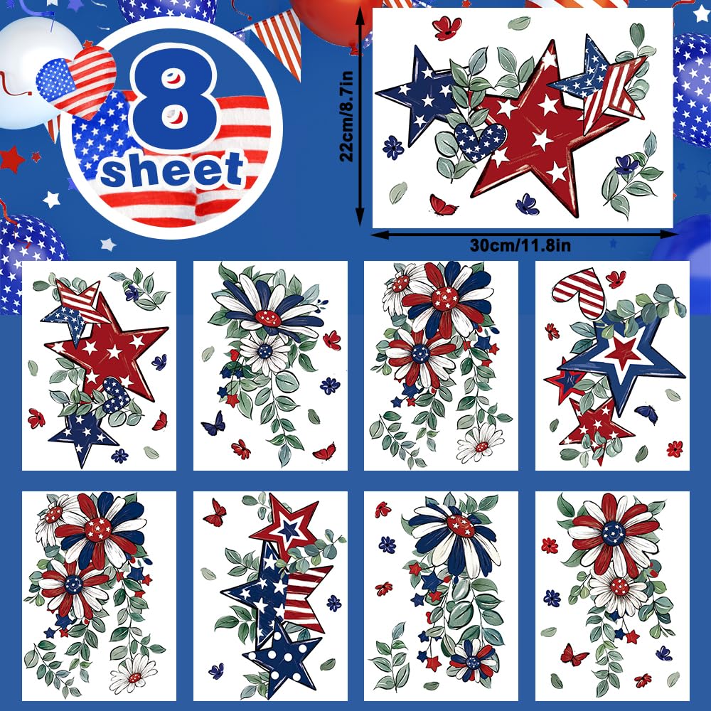 JOICEE 8 Sheets Patriotic Window Clings,4th of July Window Stickers Red White Blue Star Flower Butterfly Hanging Vine Floral Window Decals for Independence Day Home School Office Holiday Decoration