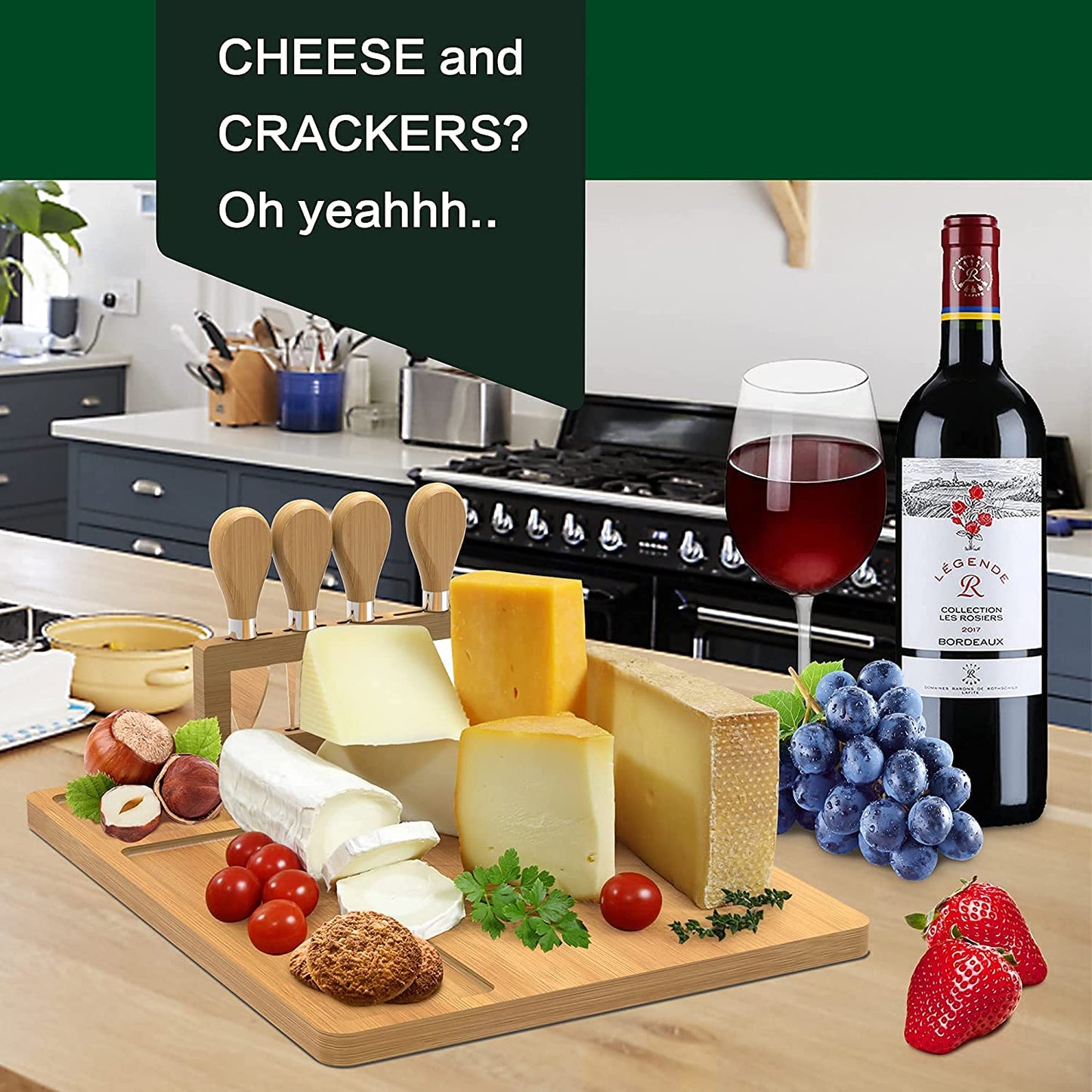 Bamboo Cheese Board, Cheese Tray with 4 Stainless Cutlery Set,Charcuterie Board and Serving Meat Platter, Cheese Platter Gift for Christmas, House Warming, Thanksgiving