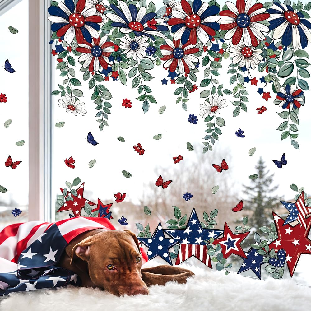 JOICEE 8 Sheets Patriotic Window Clings,4th of July Window Stickers Red White Blue Star Flower Butterfly Hanging Vine Floral Window Decals for Independence Day Home School Office Holiday Decoration