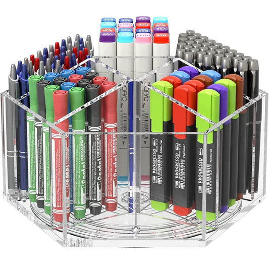 NIUBEE Acrylic Pen Pencil Holder 7 Compartments, Crayon Organizer, Multi-capacity Marker Storage Art Supply Organizer, 360° Rotating Clear Pencil Cup