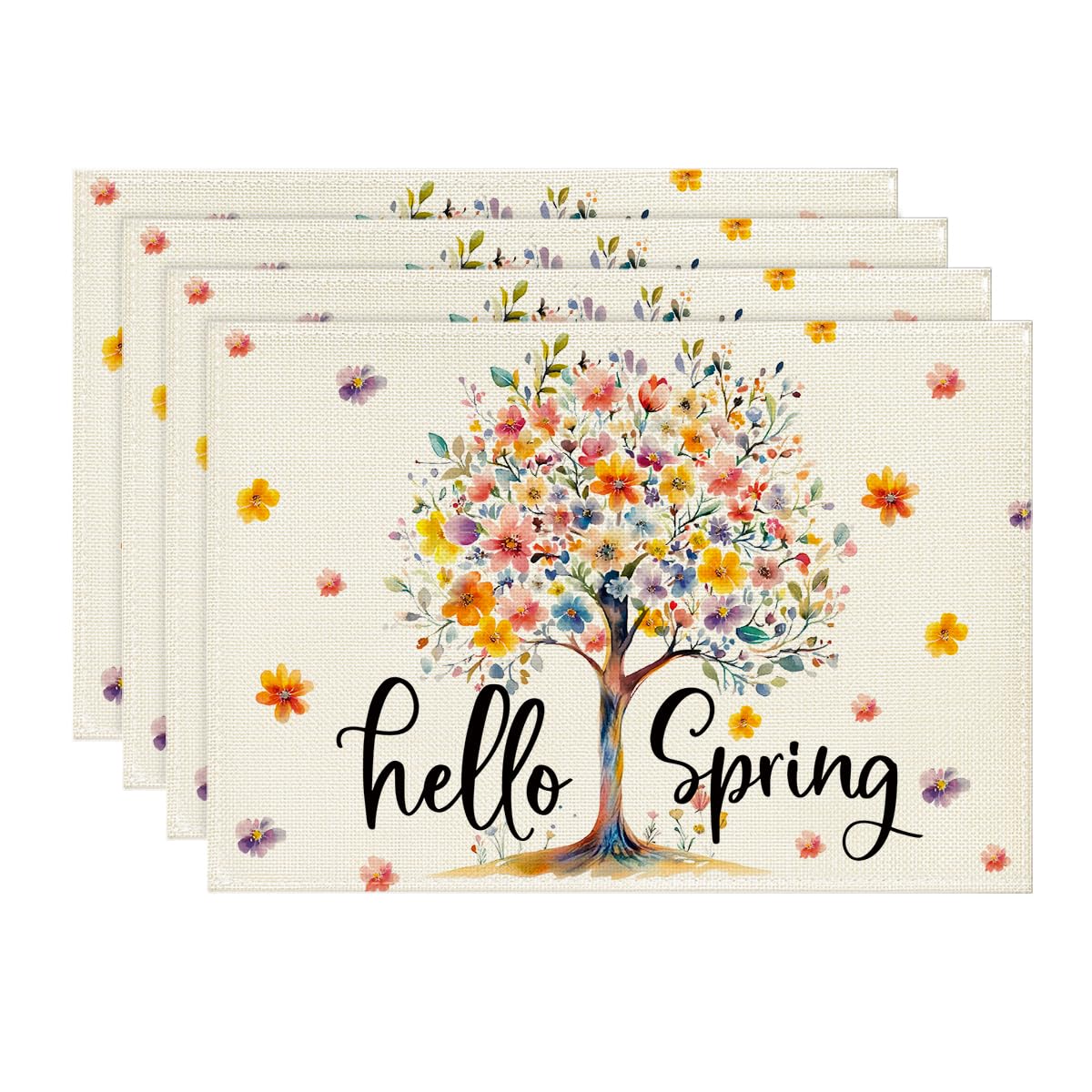 Artoid Mode Floral Tree Leaves Hello Spring Placemats Set of 4, 12x18 Inch Seasonal Summer Holiday Table Mats for Party Kitchen Dining Decoration