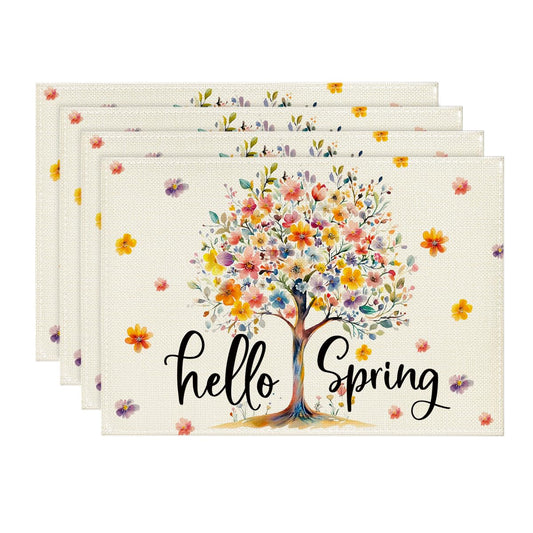 Artoid Mode Floral Tree Leaves Hello Spring Placemats Set of 4, 12x18 Inch Seasonal Summer Holiday Table Mats for Party Kitchen Dining Decoration