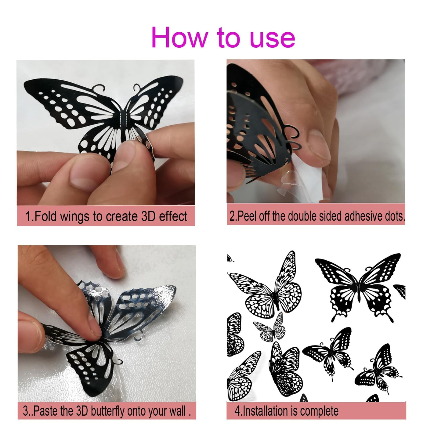JOSDIOX 3D Black Butterfly Wall Stickers - 48 Pcs with 4 Styles & 3 Sizes, Removable Decor for Party Birthday Wedding Cake Balloon Decoration（48 Black