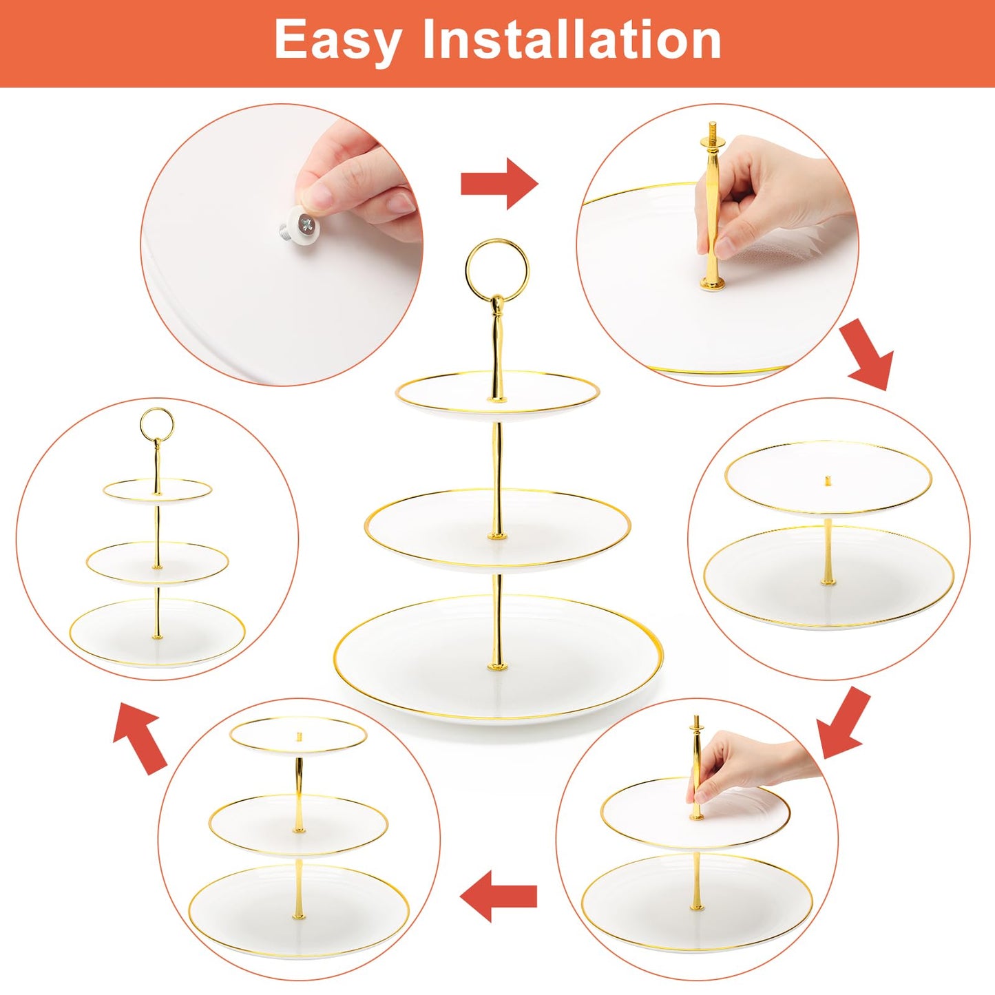 Coitak 3 Tier Cupcake Stand, Plastic Tiered Serving Stand, Dessert Tower Tray for Tea Party, Birthday and Wedding (Round-gold edge)