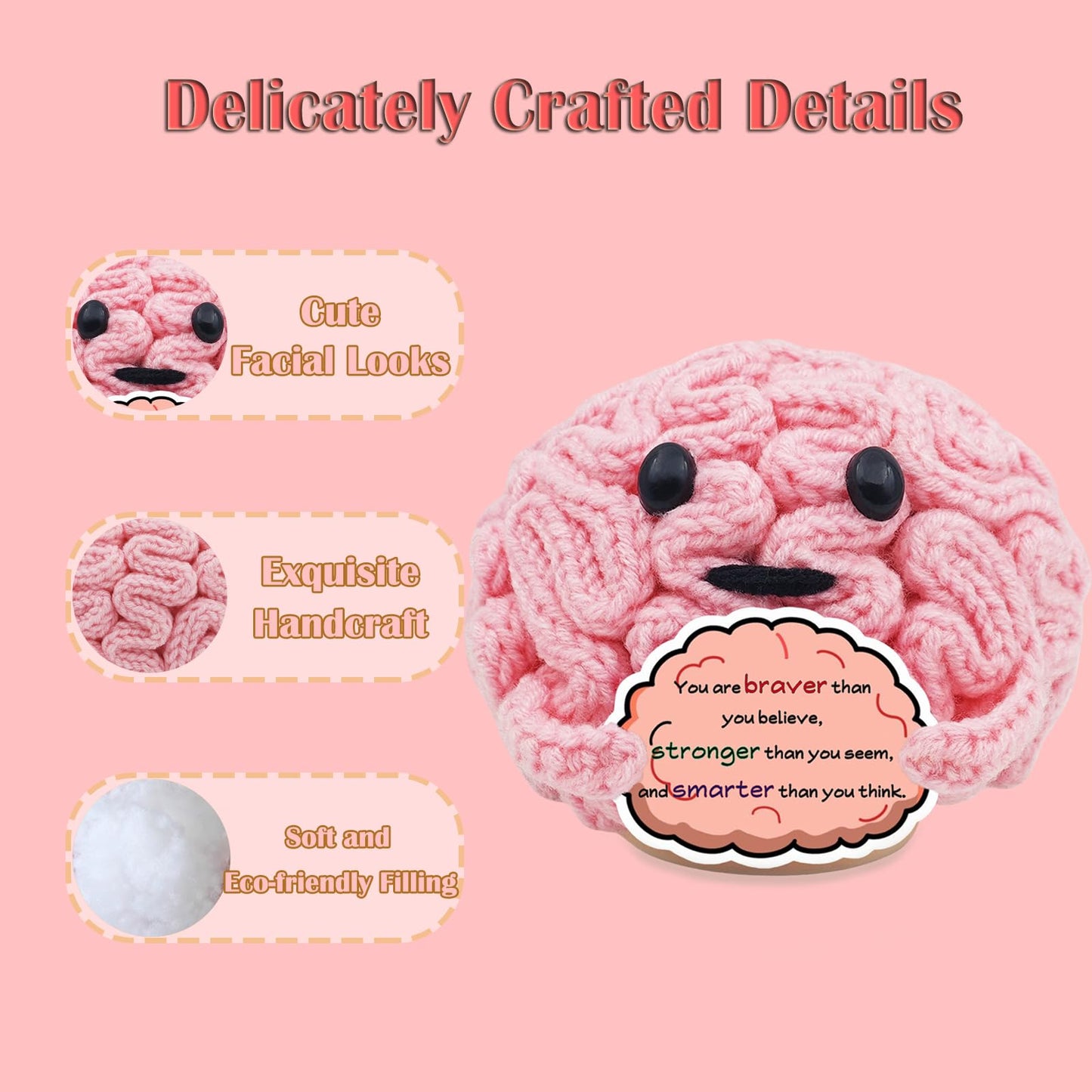 POPNANA Birthday Crochet Gifts for Women Men Mom Dad Handmade Positive Gift for Girls Boys Kids Teens Coworkers Teachers Friend Cute Brain Toy Holiday Office Home Decor Inspirational Doll(Braver)