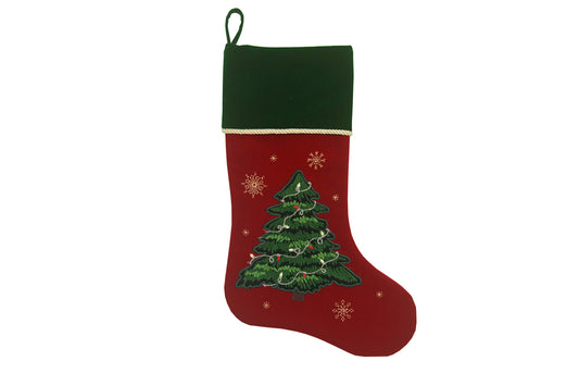 Comfy Hour 20" Red and Green Christmas Tree Stocking, Rustic Antique Vintage Figurine Style Home Decor, Embroidered Holiday Mantel Decoration