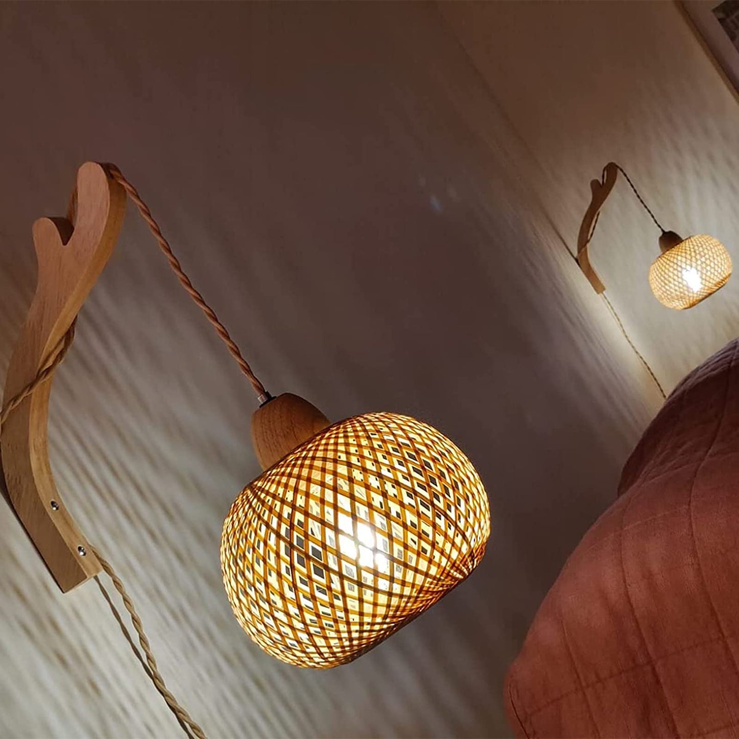 Frideko Bamboo Lantern Plug in Wall Sconces Wicker Wall Lamp with Plug in Cord Hand Woven Rattan Wall Light Farmhouse Rustic Wall Sconces Boho Sconces Wall Lighting for Living Room Bedroom