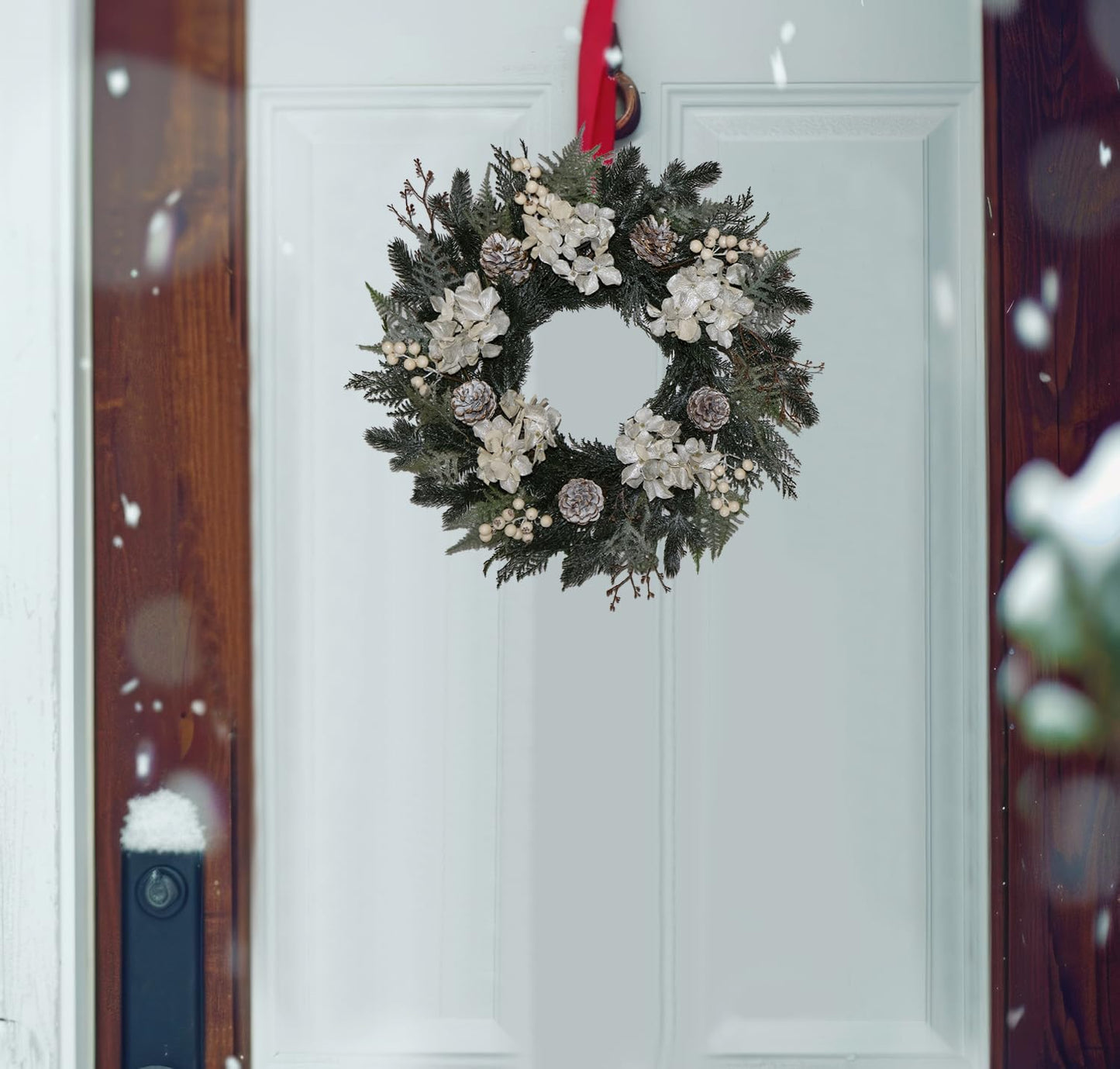 BINFEN 20” Glitter Pine Christmas Winter Wreath with Metallic Silk Hydrangea Pinecone & White Berry – Mixed with Norfolk Cypress Cedar & Spruce, Wreaths for Front Door Porch Mantel & Fireplace Decor