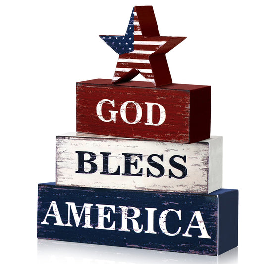 Huquary 4 Pcs 4th of July Decorations Patriotic Memorial Day Table Sign Independence Day Table Wood Decorations Red White Blue Block for Office Tiered Tray Home Shelf 250th Anniversary(Flag)