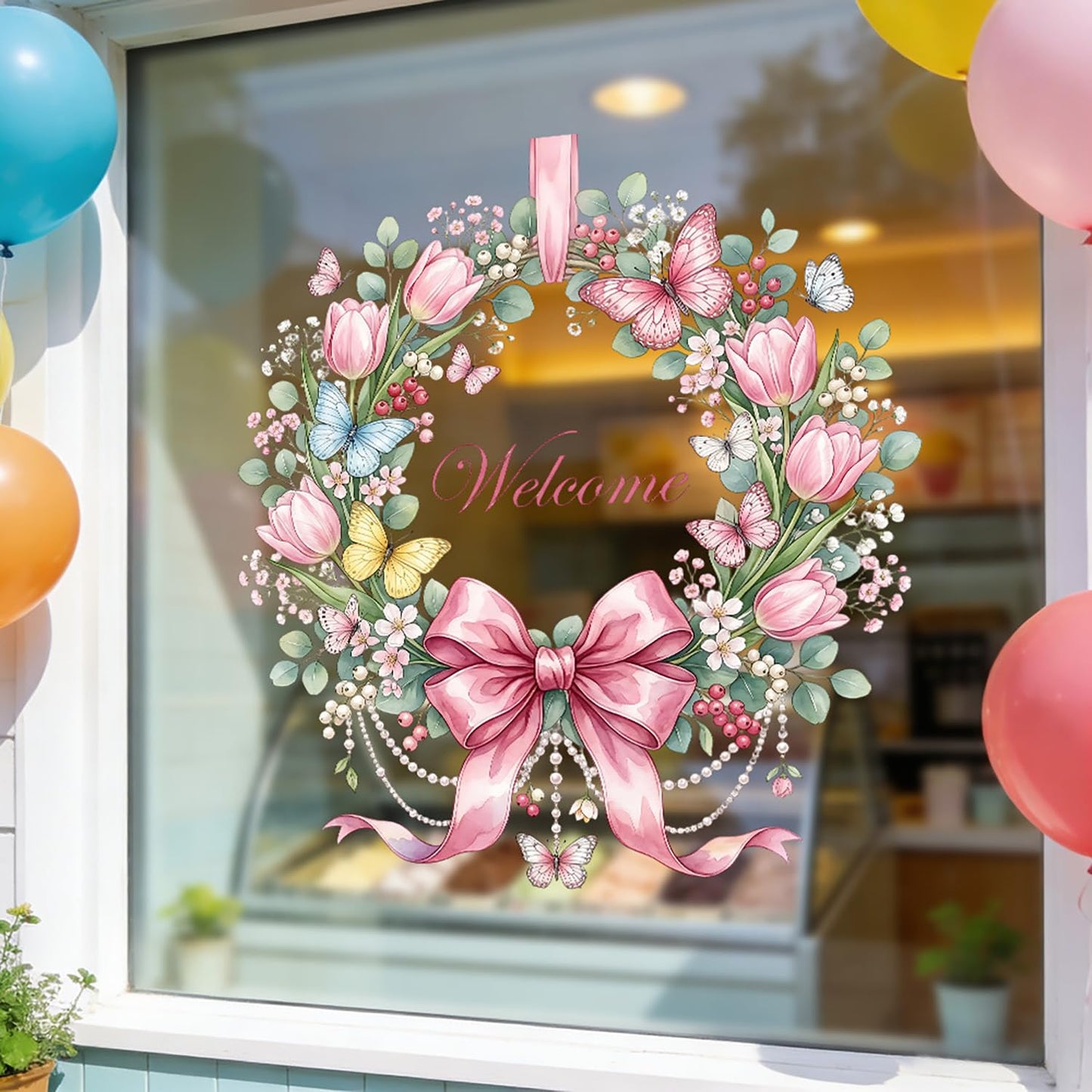 Summer Bow Welcome Window Clings Pink Tulip Flower Window Stickers with Butterfly Daisy Design Static Window Decals Easy to Clean Spring Glass Decals for Home Spring Theme Party Decor 1 Pcs