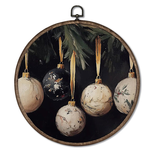 Giosve Vintage Moody Christmas Bauble Ball Round Wall Art Canvas Framed Poster, Dark Academia Farmhouse Christmas Hanging Wall Sculptures for Home Bedroom Living Room Decor, 10x10 Inch