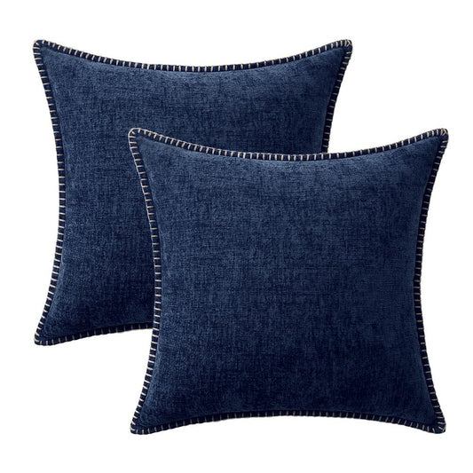 MIULEE Pack of 2 Couch Throw Pillow Covers 18x18 Inch Navy Farmhouse Decorative Pillow Covers with Stitched Edge Soft Chenille Solid Dyed Pillow Covers for Sofa Bed Living Room