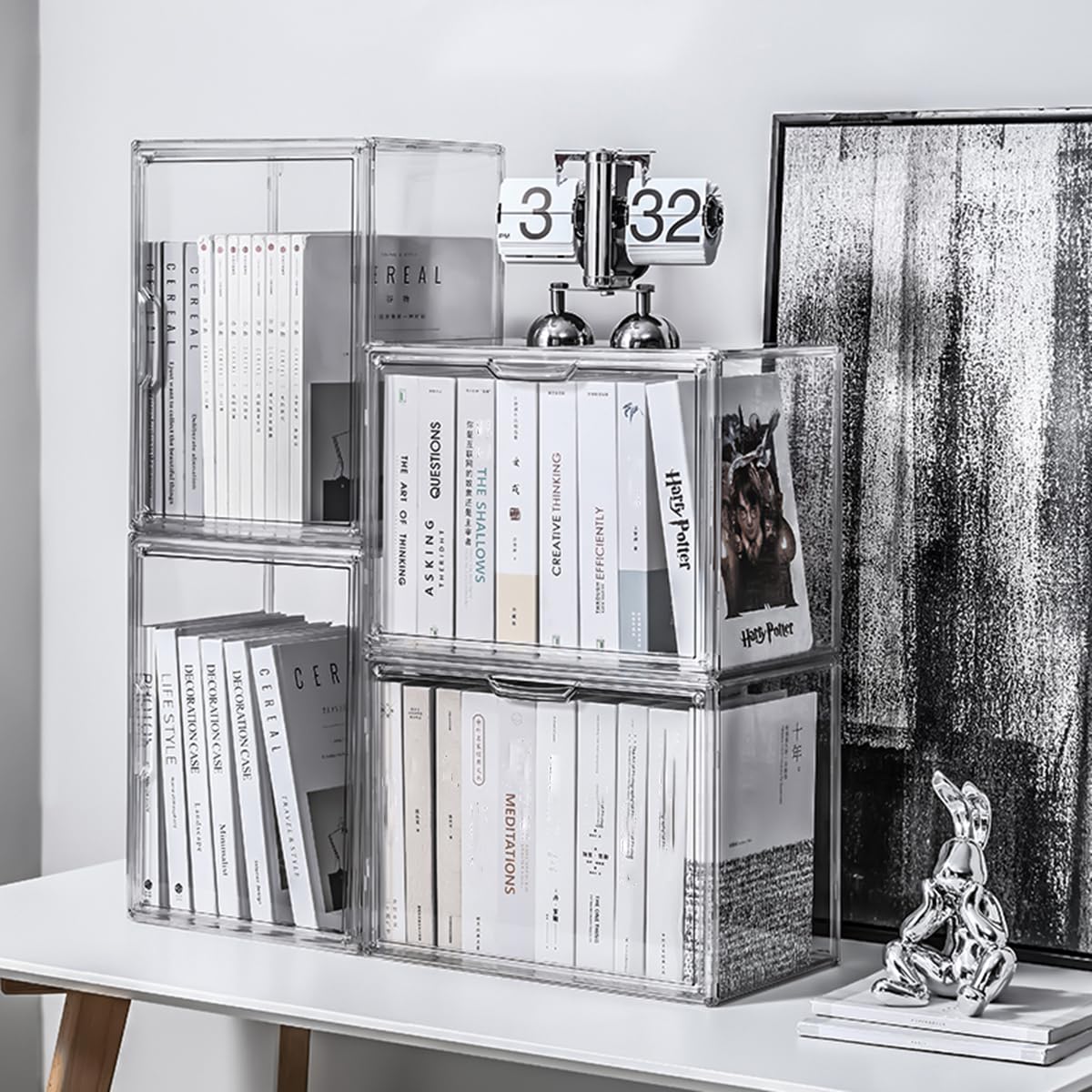 Clear Acrylic Bookcase, Book Organizer Box, Portable Book Containers with Magnetic Door, Stackable Display Case for Purses Handbags Dolls Toys Shoes(Clear, 14.17" ×10.63"×8.66")