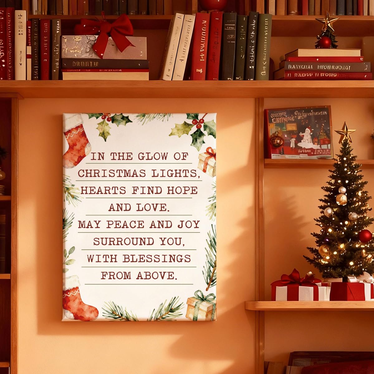 Christmas Wall Art, Holiday Quote Canvas Print with Greenery and Stockings, Farmhouse Christmas Decor for Living Room Entryway Bedroom, Inspirational Winter Sign, Xmas Gift, 8x10 Inches