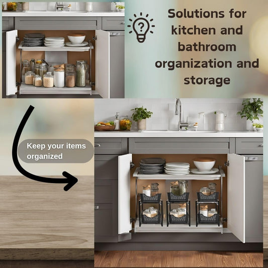 IBERG 2 Tier Bathroom Organizer with Pull Out Drawer, Under Sink Storage Organizer for Kitchen Cabinet, Metal Sliding Basket (Black)