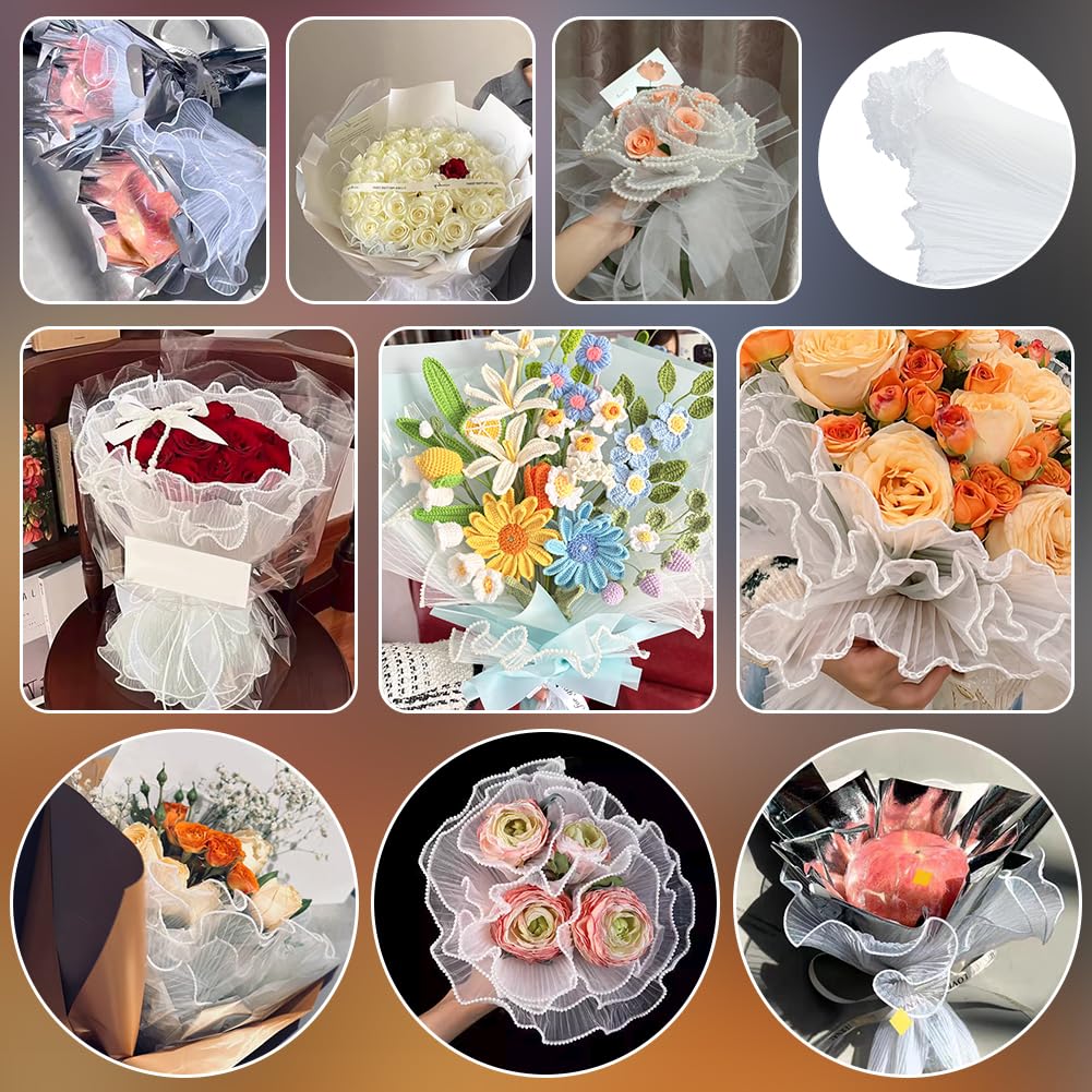 BENECREAT 4.37 Yards White Flower Wrapping Mesh Paper, Pearl Edge Bouquet Packaging Paper Wrinkled Translucent for Party Favor Decor, Florist Supplies Mother's Day Wedding Gift Packaging