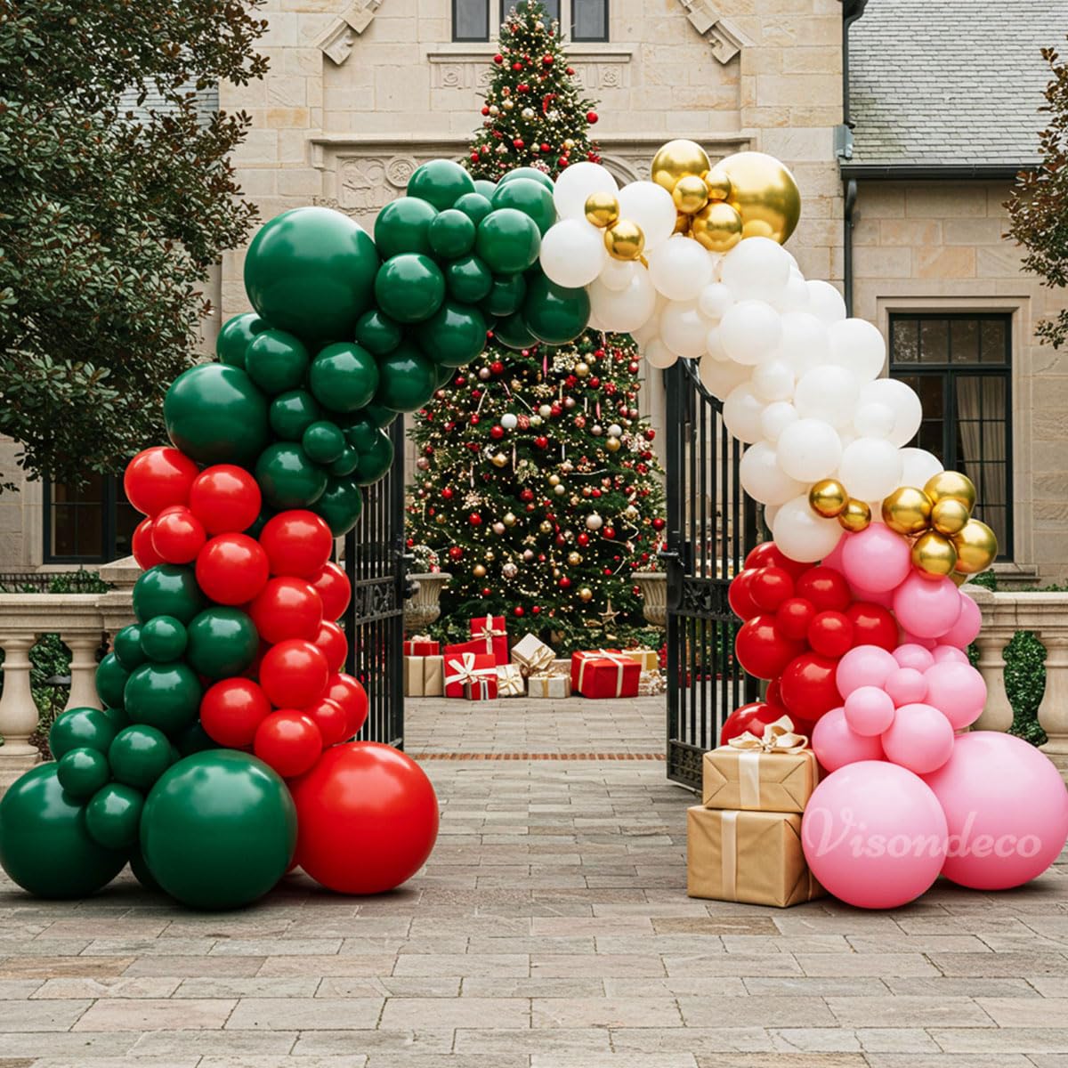 Christmas Balloon Arch Kit – 143pcs Double Stuffed Green, Red, Green, White, Pink & Gold Balloons Garland, Xmas Balloon Arch Decorations for Holiday Party, Merry Christmas Balloons Decor Supplies