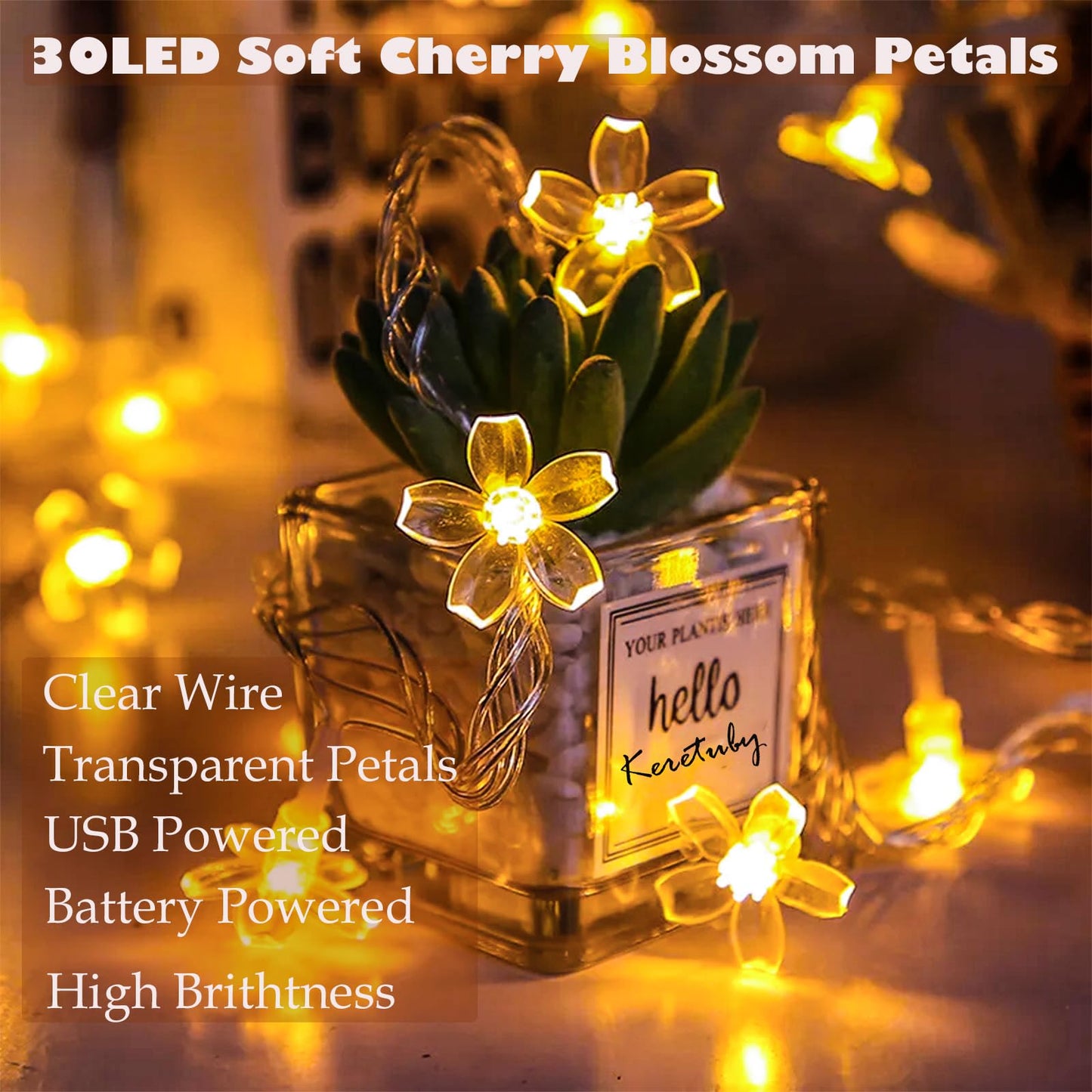 Decorative Flower String Lights for Bedroom, Battery Operated & USB Plug in 10 FT 30 LED Cute Fairy Cherry Blossom Floral Lamps Indoor Outdoor Christmas Holiday Hanging Vine Decorations (Warm White)