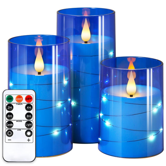 NURADA Flickering Flameless Candles: 3D Wick Built-in Star String Lights Acrylic Unbreakable Battery Operated LED Pillar Candles with Remote and Timer - 3 Pack for Wedding Valentine's Day Decor