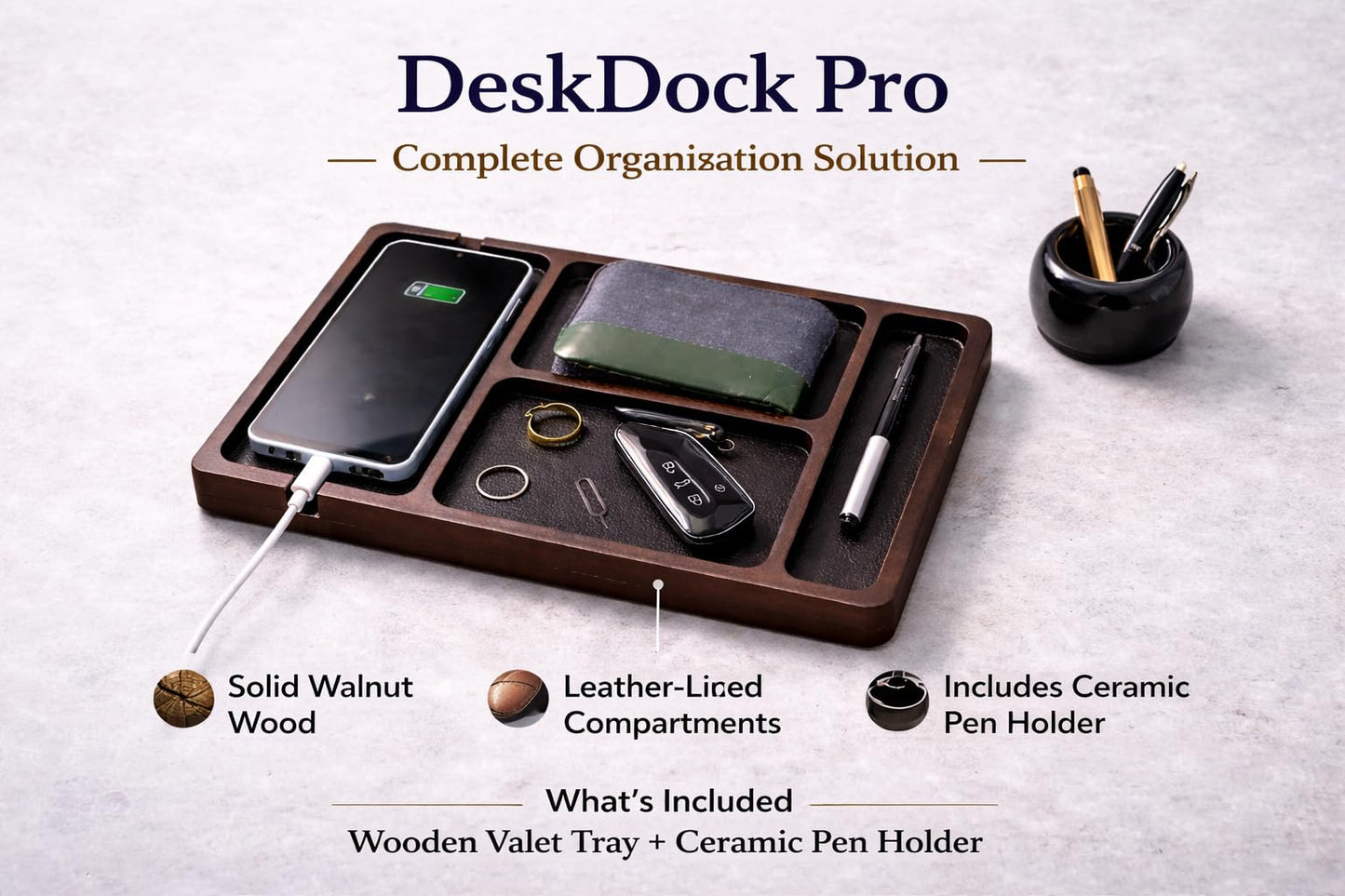 Desk Organizer Tray for Men with Ceramic Pen Holder, Wooden Valet Tray, Minimalist EDC Desk Organizer for Phone, Wallet, & Keys, Nightstand Bedside, Entryway, Birthday Gift for Men, Dad, Husband