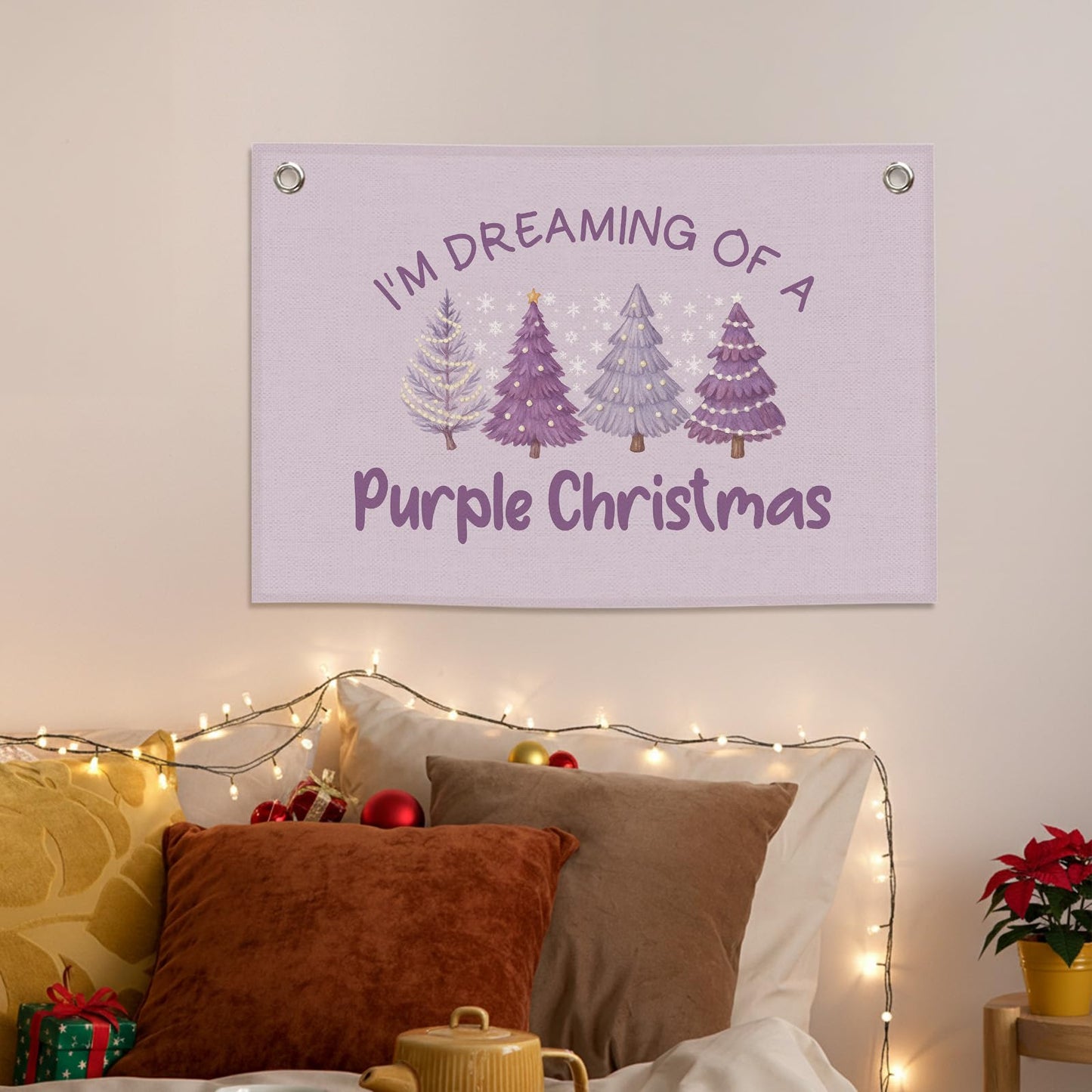 MNASAIOO Purple Christmas Tree Kids Banner, Preppy Trendy Girls Girly Room Decor, Winter Nursery Canvas Flag Wall Hanging Decor Art for Holiday Classroom Playroom Toddler Room Bedroom Dorm 20x30in