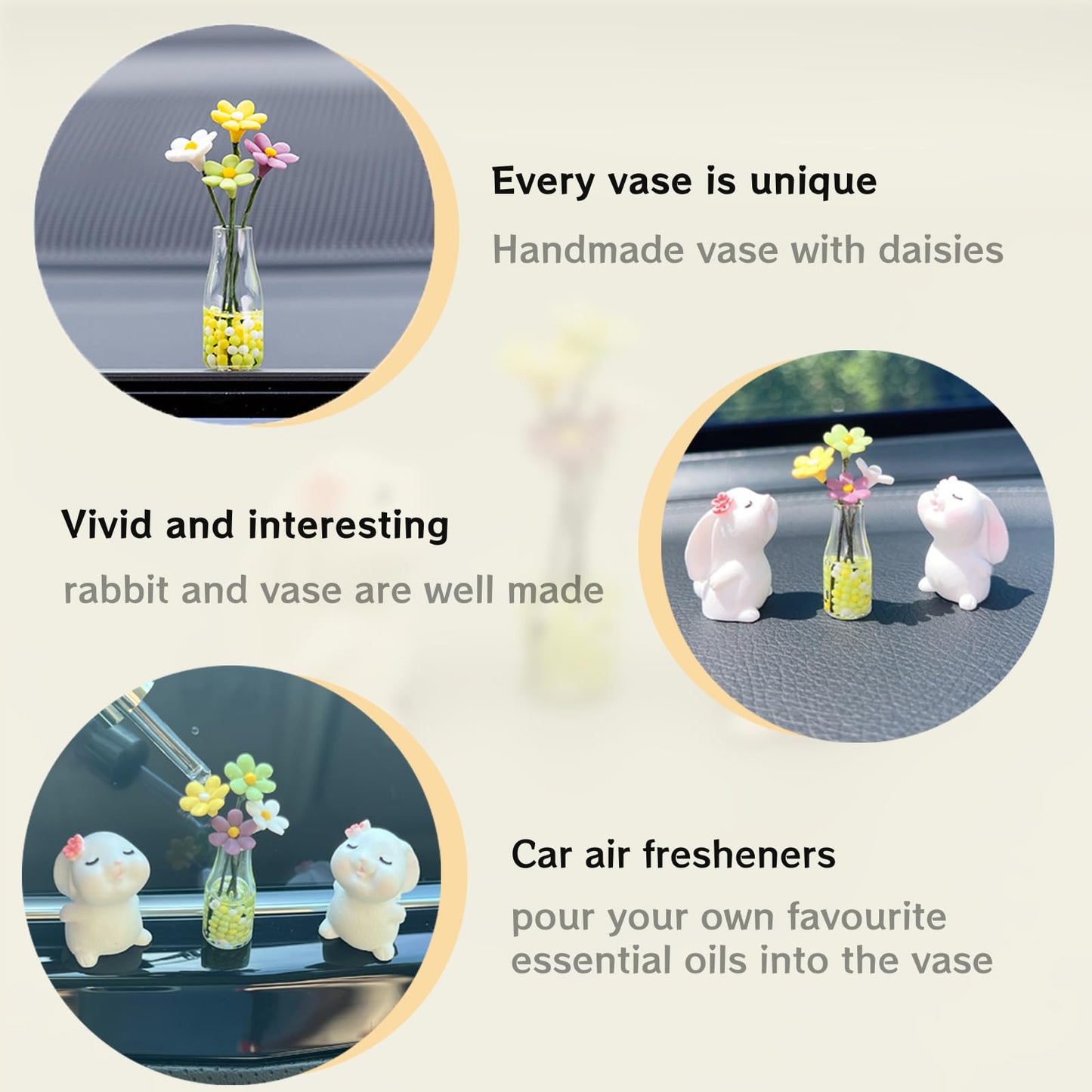 Cute Rabbit Car Dashboard Accessories Flowers Rear View Mirror Decorations, Funny Car Interior Accessories for Girls Women Daisy Charm