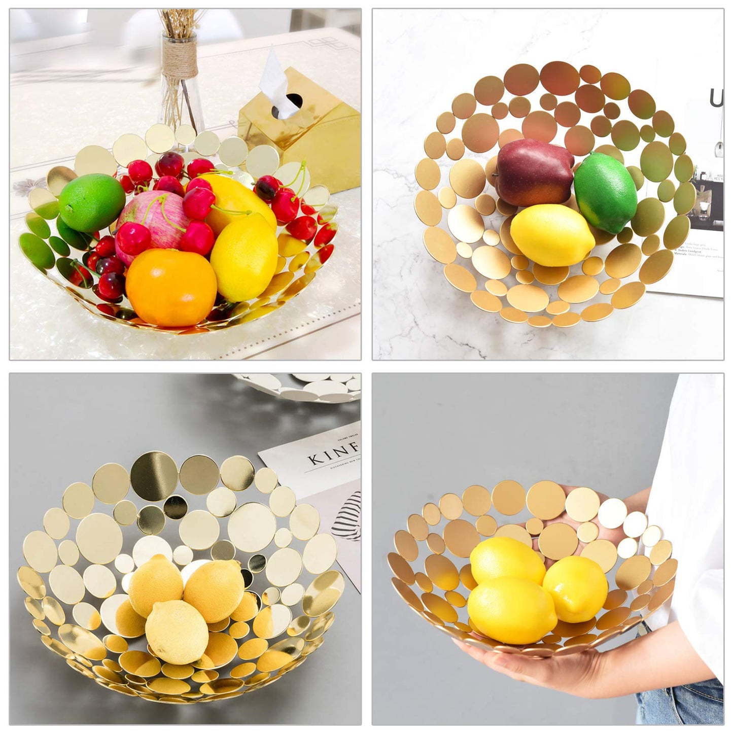 OwnMy Metal Fruit Bowl Basket Creative Table Centerpiece Fruit Stand Decorative Countertop Fruit Holder for Kitchen Counter, Iron Large Fruit Plate Round Storage Tray for Bread Snacks Candy (Golden)
