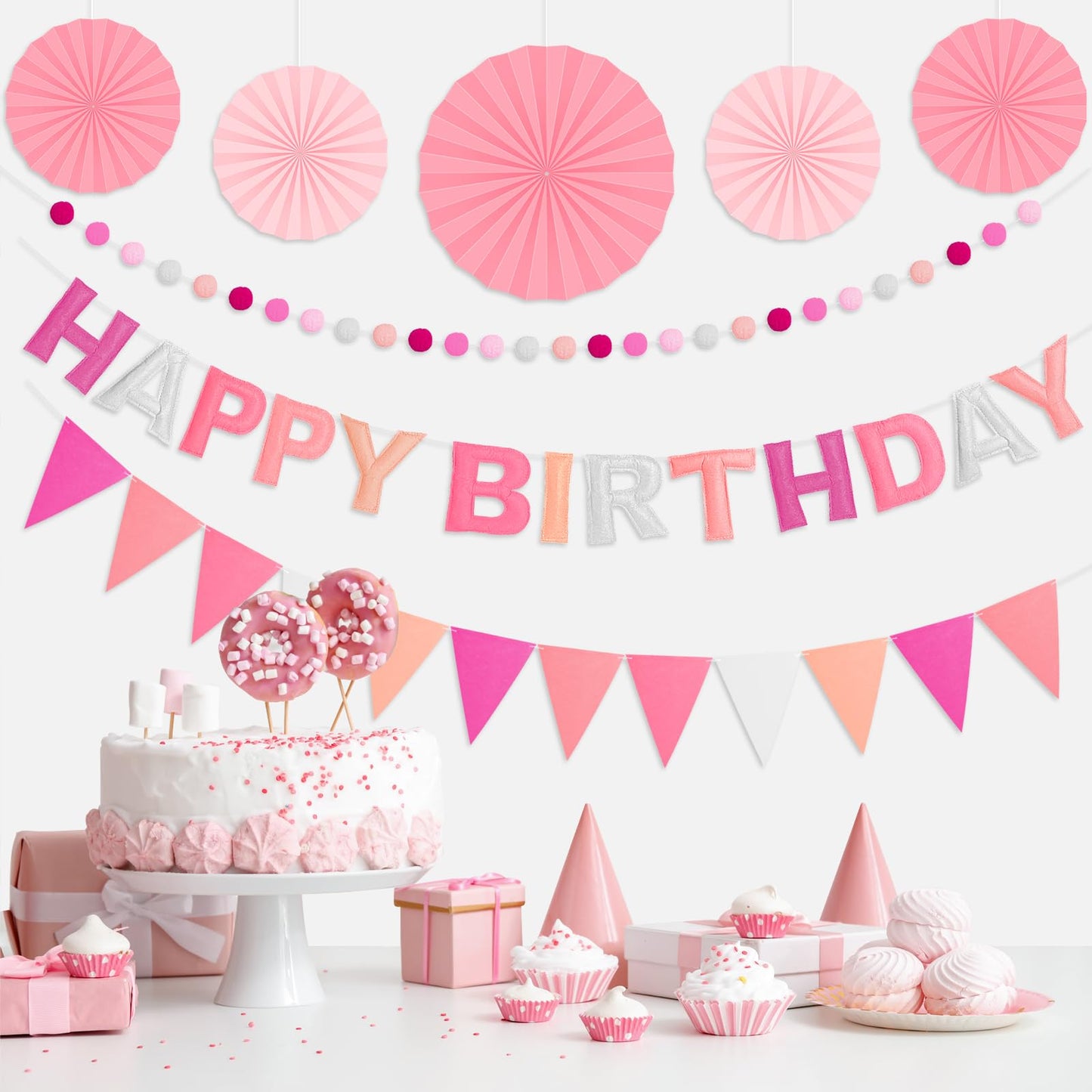 Danadia Pre-Strung Happy Birthday Banner, Reusable Felt Birthday Party Decorations, 3D Effect Happy Birthday Sign with Felt Ball Garland, Pennant Flag, Hanging Paper Fans for Men Women Boy Girls (Pink)