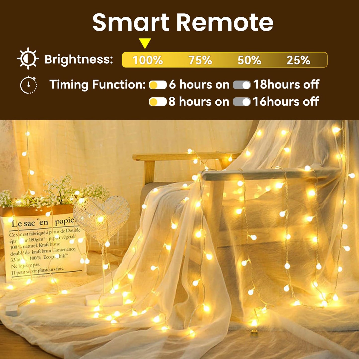 Dailyart Globe String Lights, 100Led 59FT Waterproof Fairy Lights Plug in 8 Modes with Remote Control, Brightness Adjustable &Timing String Lights Indoor Outdoor, Fairy Lights for Bedroom, Warm White